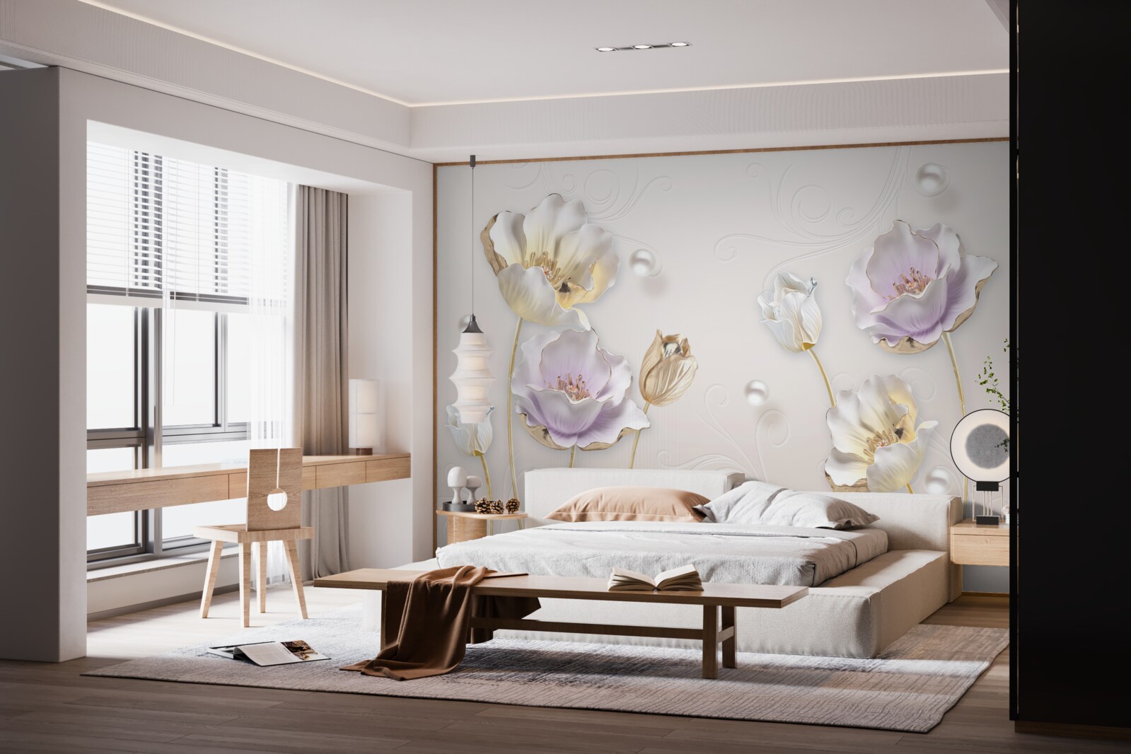 Fotobehang heldere bloemen bedekt met grote regendruppels