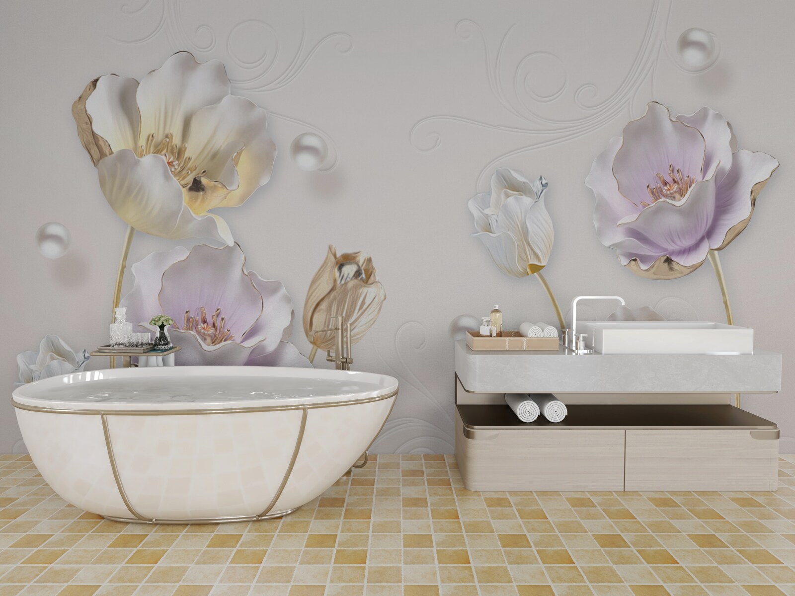 Fotobehang heldere bloemen bedekt met grote regendruppels