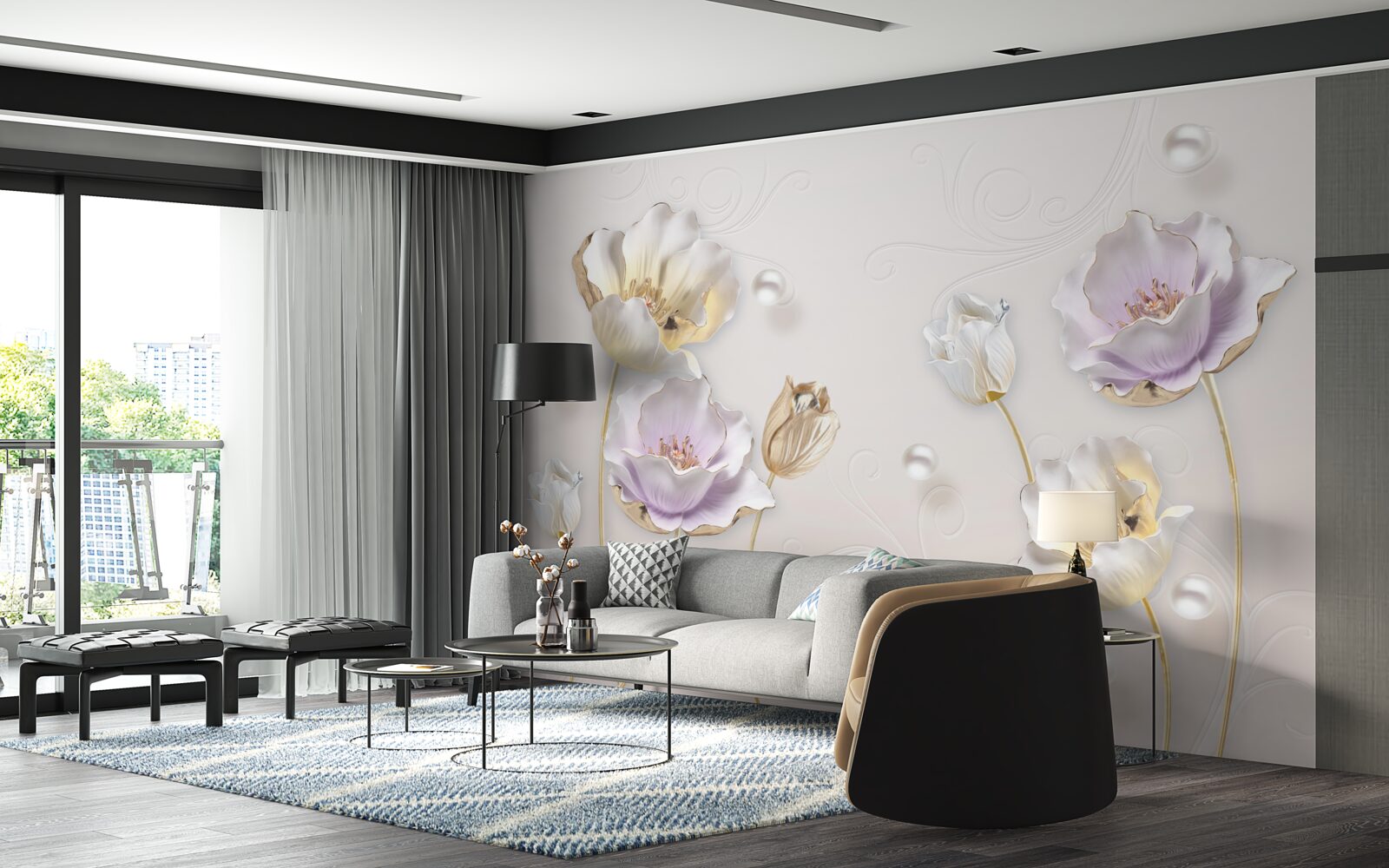 Fotobehang heldere bloemen bedekt met grote regendruppels