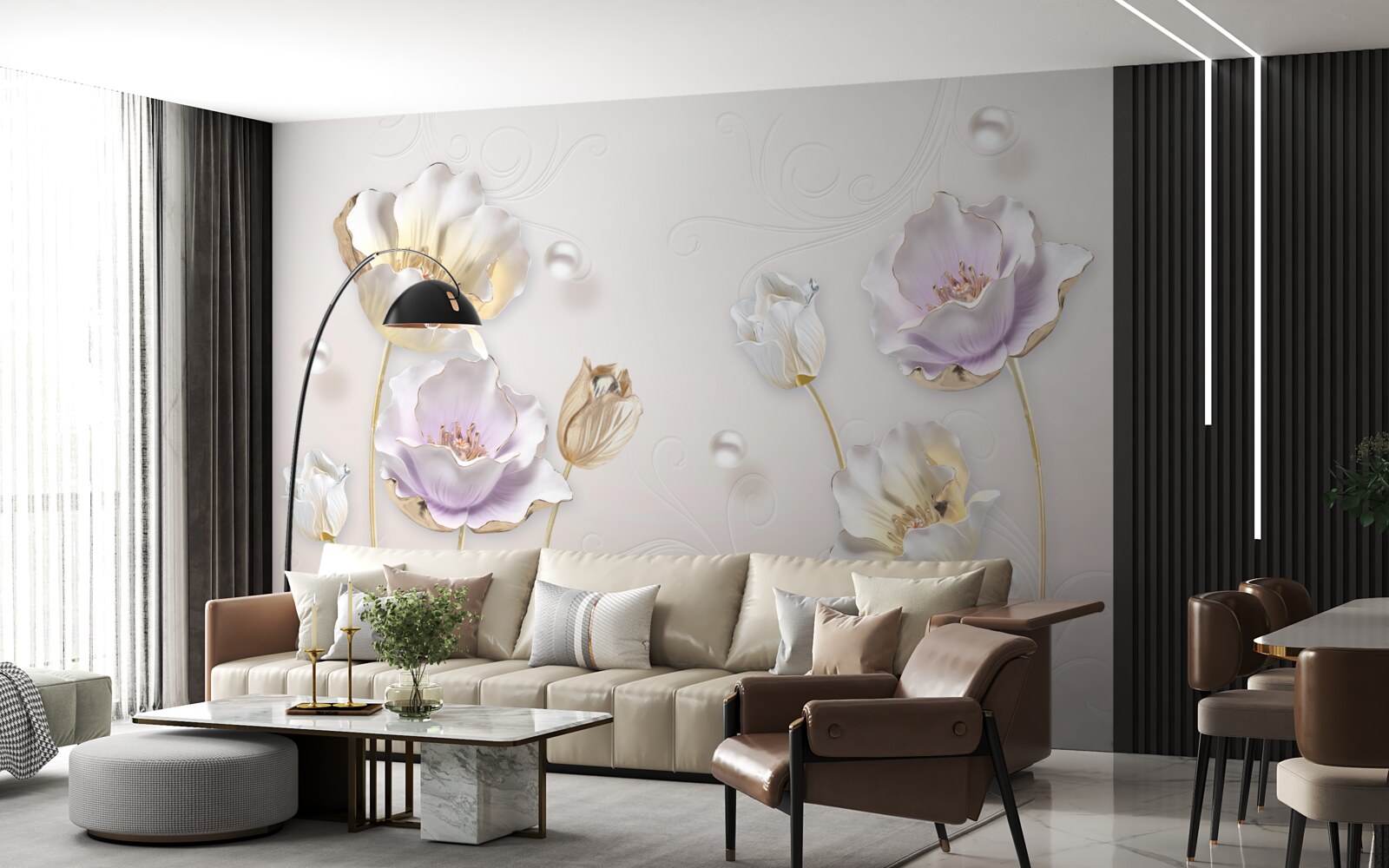 Fotobehang heldere bloemen bedekt met grote regendruppels