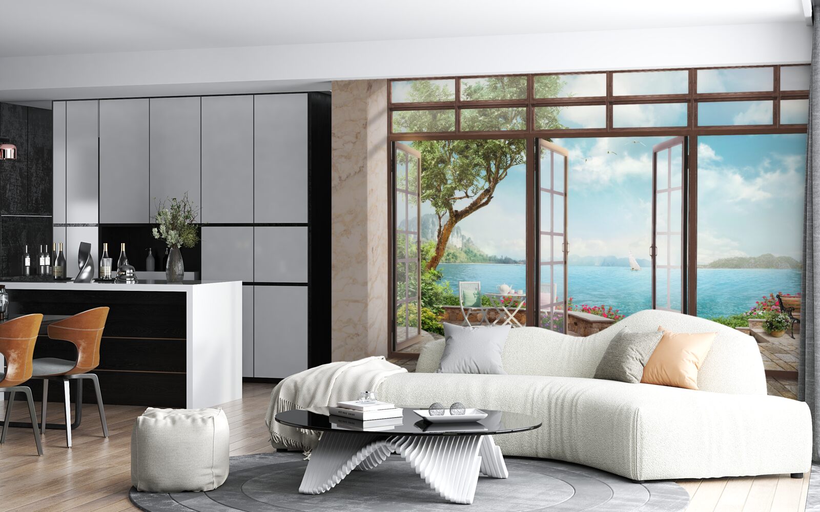 Fotobehang zomerbalkon met uitzicht op zee