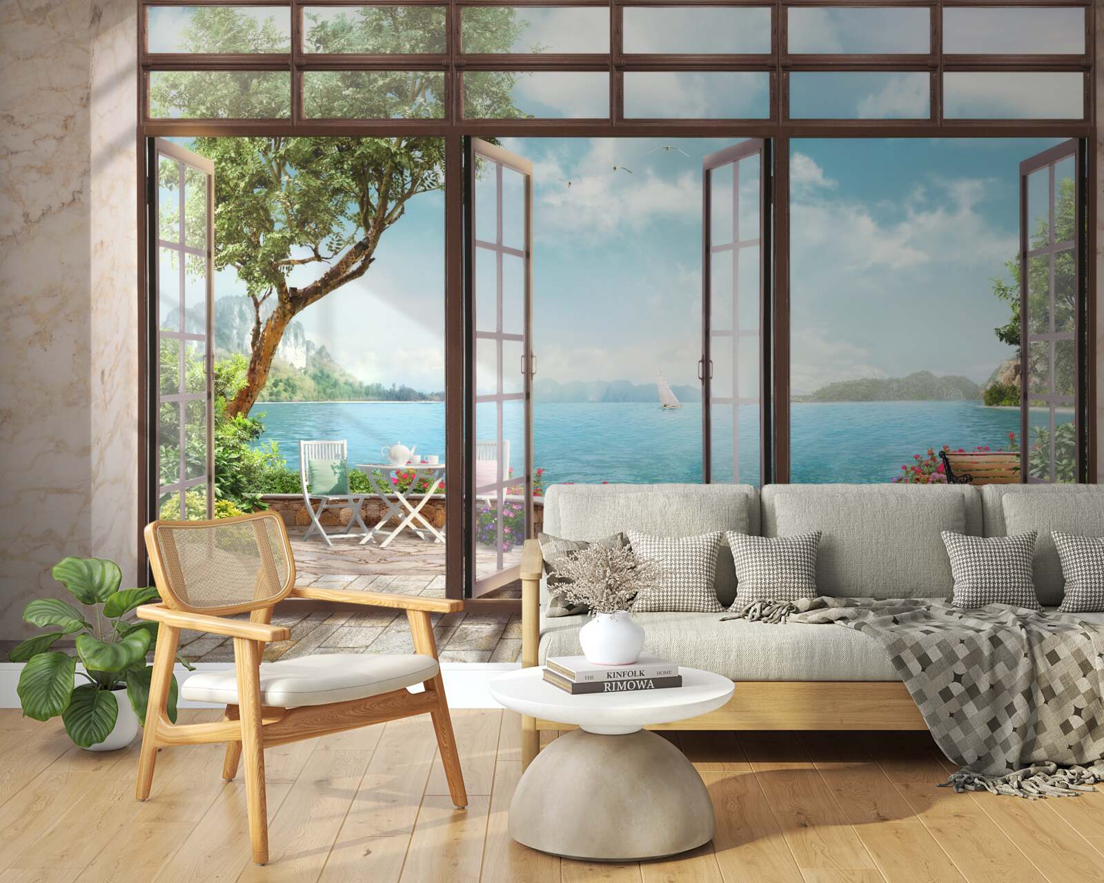 Fotobehang zomerbalkon met uitzicht op zee