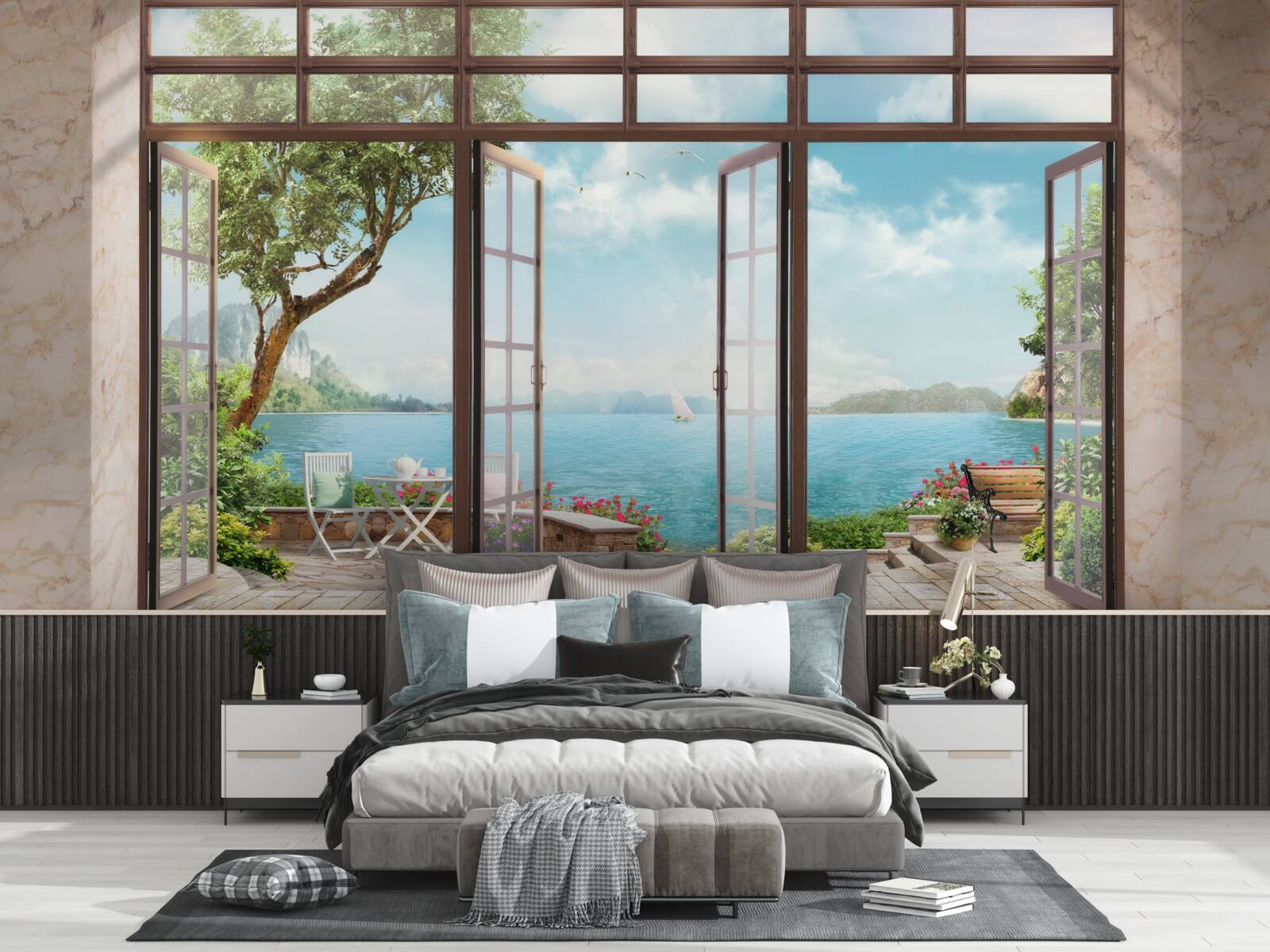 Fotobehang zomerbalkon met uitzicht op zee