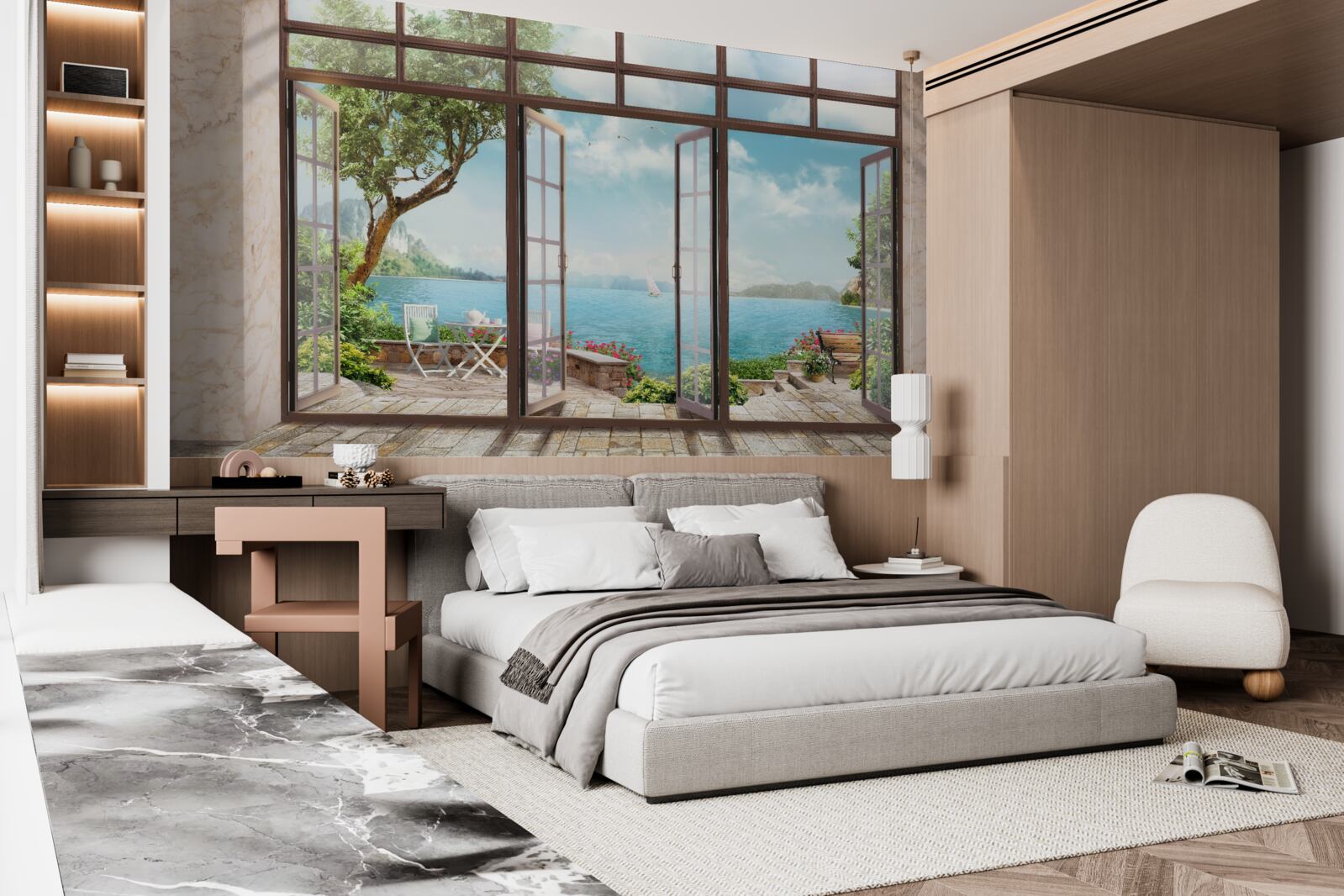 Fotobehang zomerbalkon met uitzicht op zee