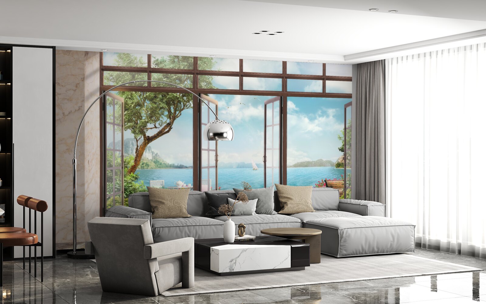 Fotobehang zomerbalkon met uitzicht op zee