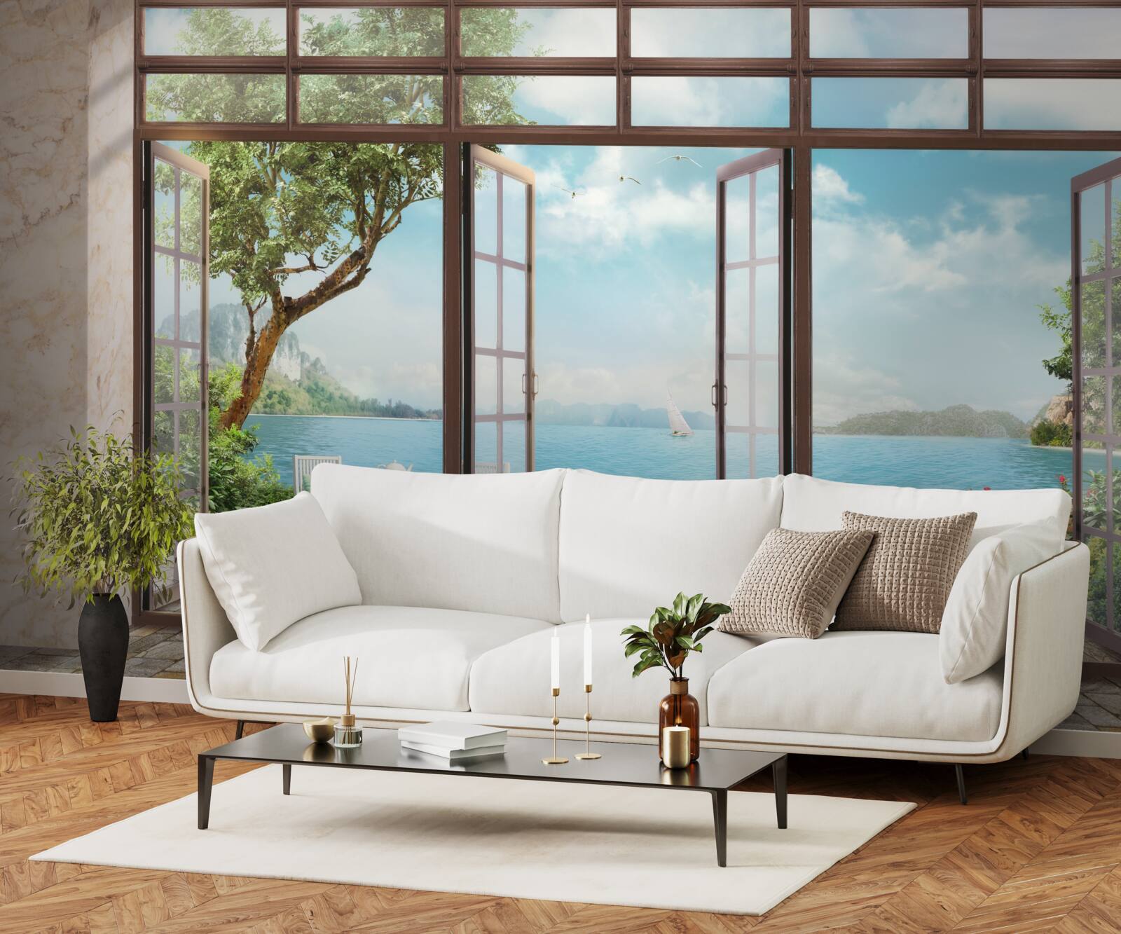 Fotobehang zomerbalkon met uitzicht op zee