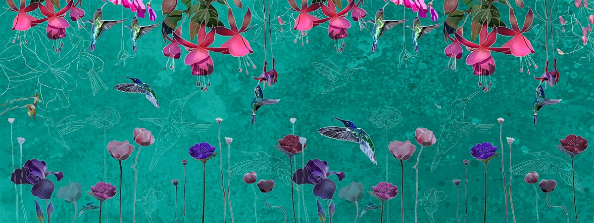 Fotobehang tegen de nachtelijke hemel kleuren de tulpen roze en de paardenbloemen fonkelen