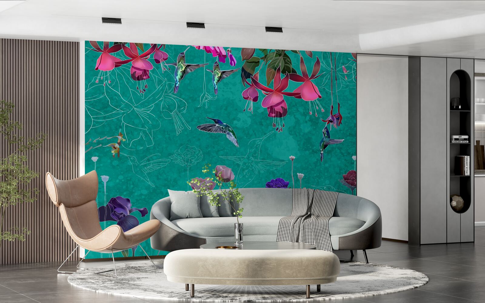 Fotobehang tegen de nachtelijke hemel kleuren de tulpen roze en de paardenbloemen fonkelen