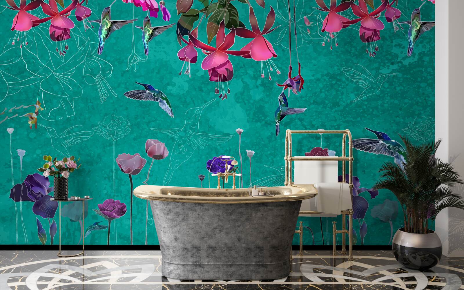 Fotobehang tegen de nachtelijke hemel kleuren de tulpen roze en de paardenbloemen fonkelen