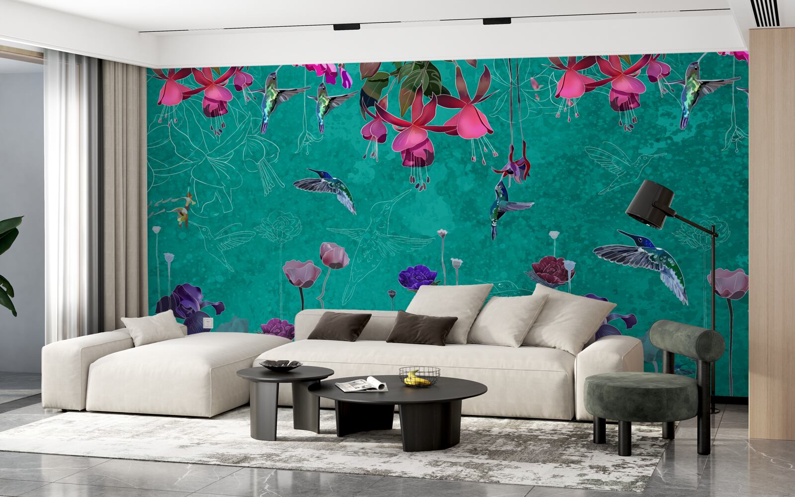 Fotobehang tegen de nachtelijke hemel kleuren de tulpen roze en de paardenbloemen fonkelen