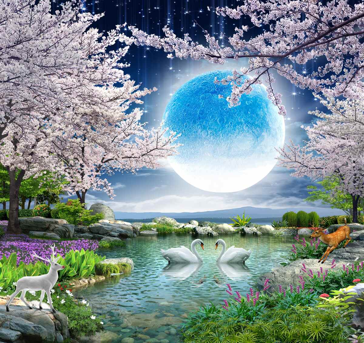 Fotobehang abstracte blauwe maan op een meerachtergrond met kersenbloesems