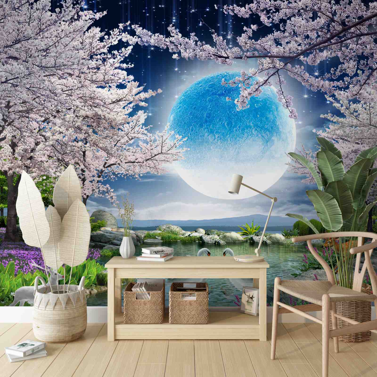 Fotobehang abstracte blauwe maan op een meerachtergrond met kersenbloesems