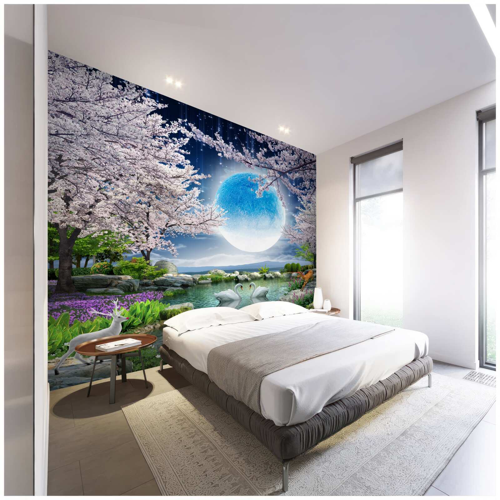 Fotobehang abstracte blauwe maan op een meerachtergrond met kersenbloesems