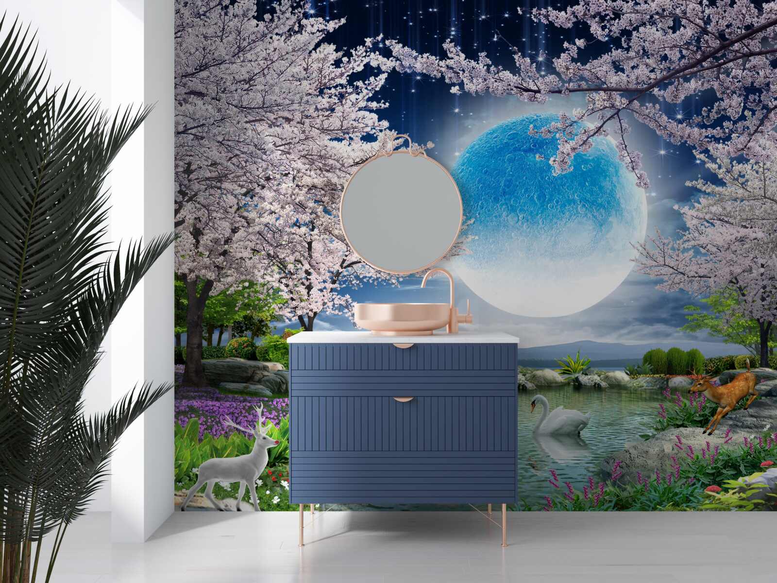 Fotobehang abstracte blauwe maan op een meerachtergrond met kersenbloesems