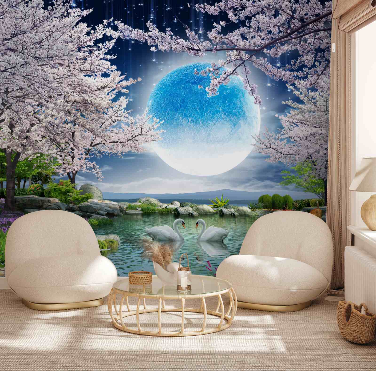 Fotobehang abstracte blauwe maan op een meerachtergrond met kersenbloesems