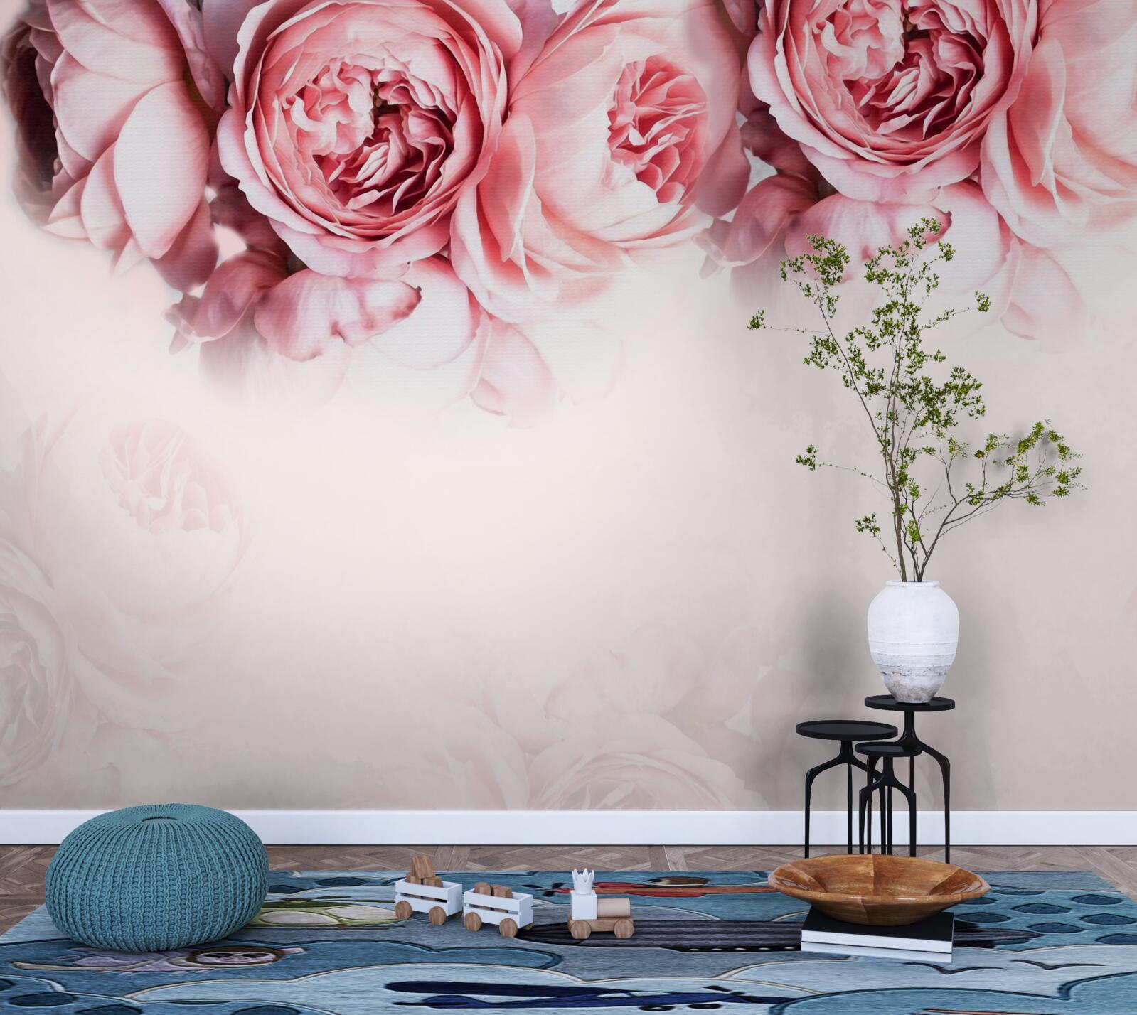 Fotobehang pioenrozen in roze en wit op een lichte achtergrond