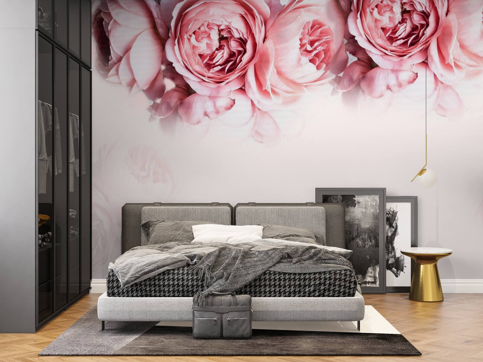 Fotobehang pioenrozen in roze en wit op een lichte achtergrond