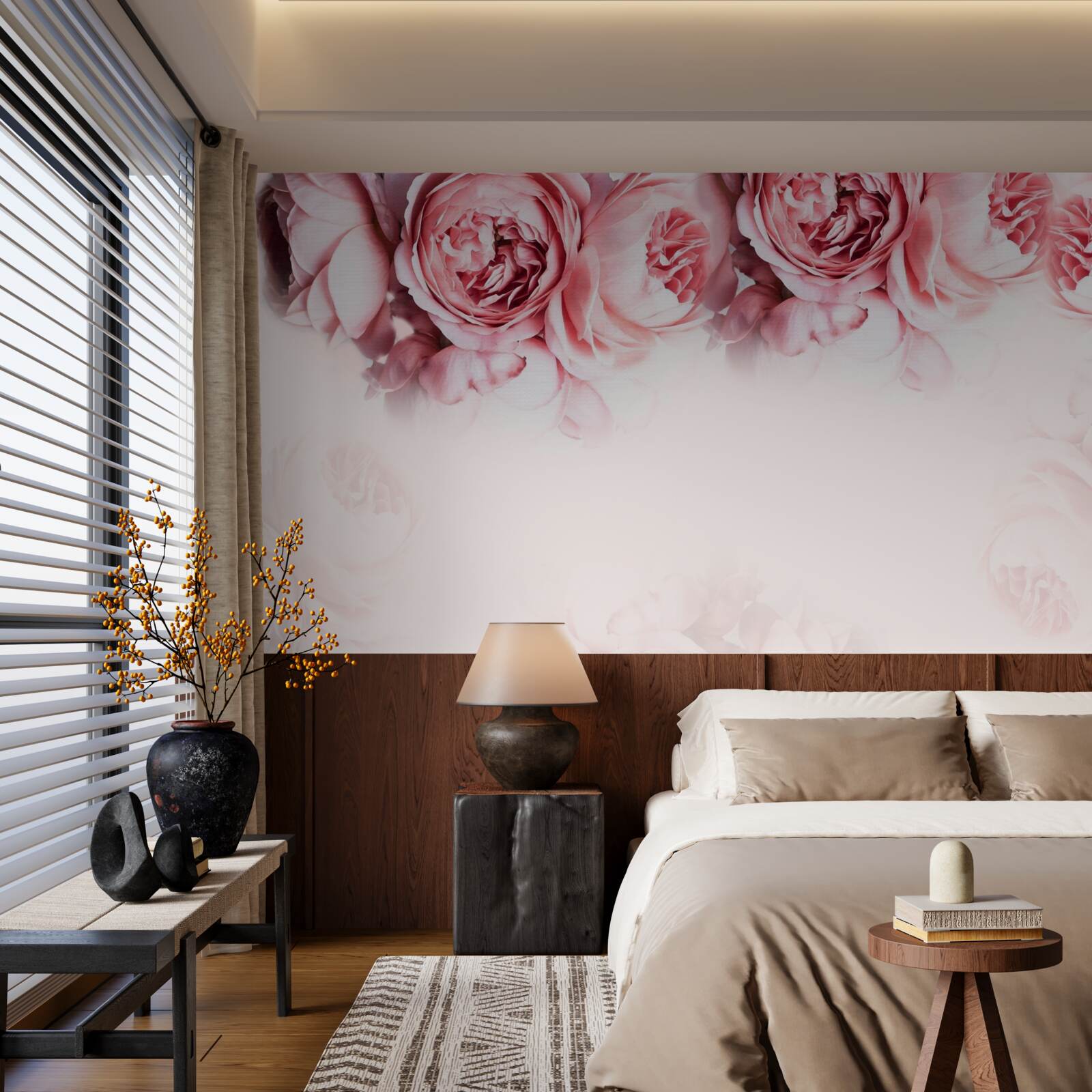 Fotobehang pioenrozen in roze en wit op een lichte achtergrond