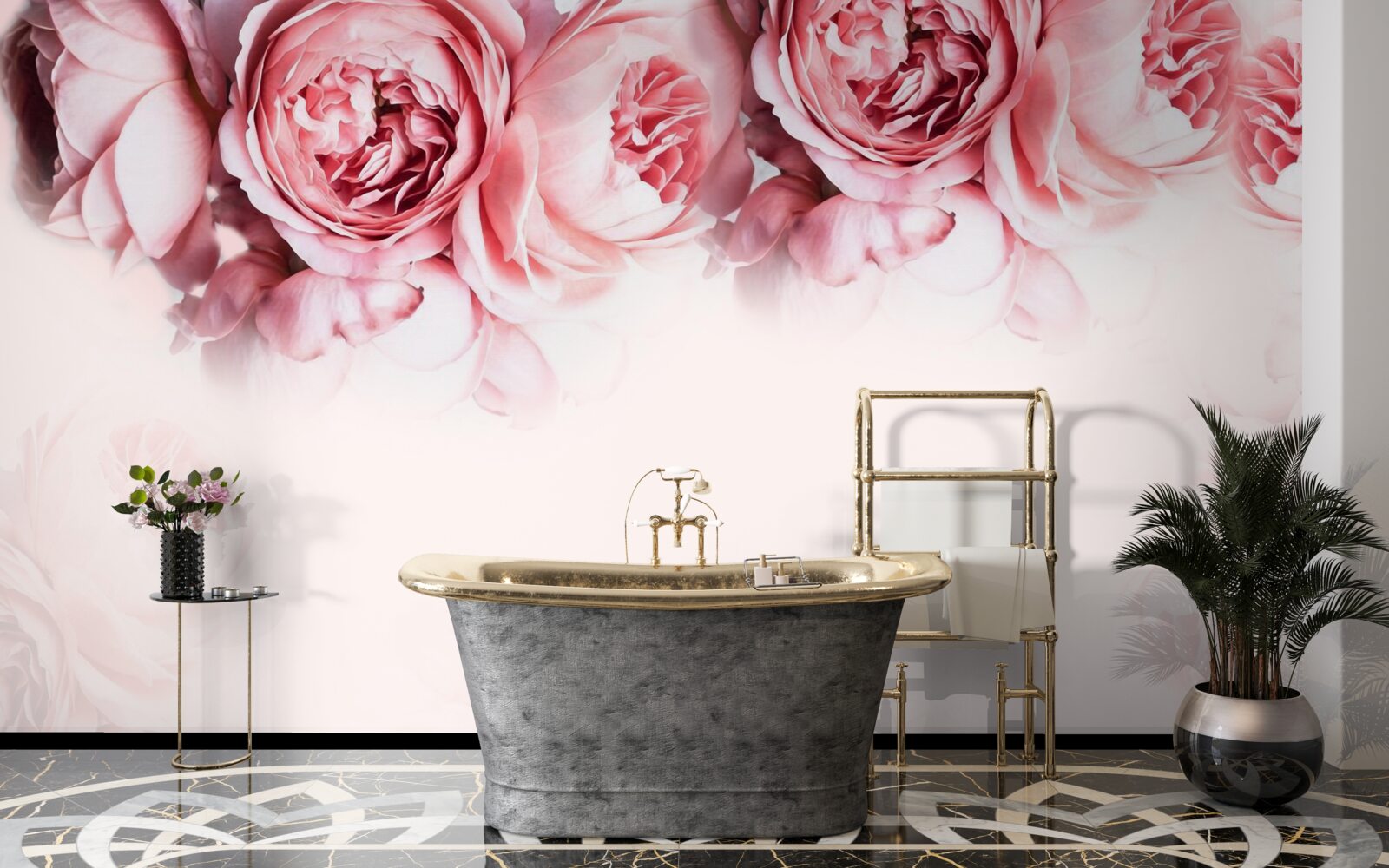 Fotobehang pioenrozen in roze en wit op een lichte achtergrond