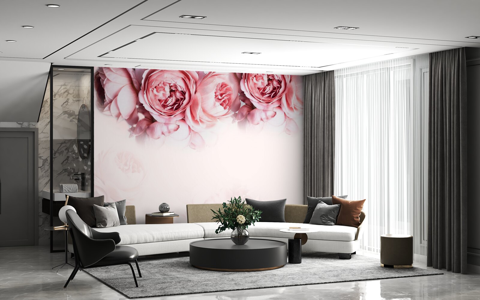 Fotobehang pioenrozen in roze en wit op een lichte achtergrond