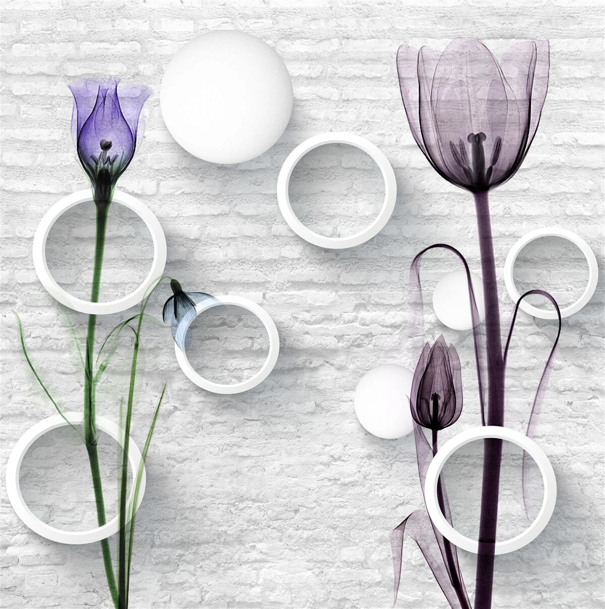 Fotobehang verfijnde knoppen op takken en strak gedraaide cirkels