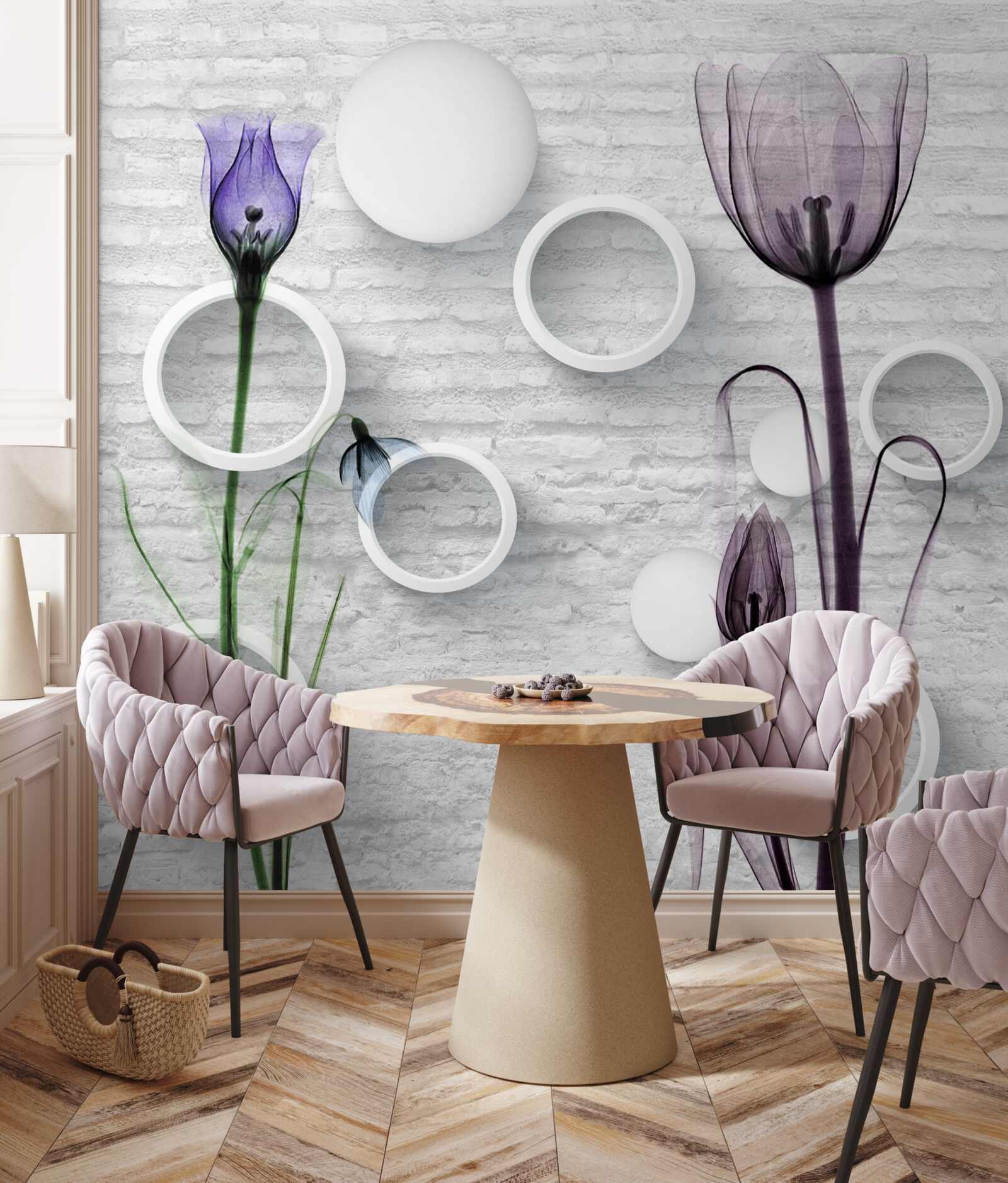 Fotobehang verfijnde knoppen op takken en strak gedraaide cirkels