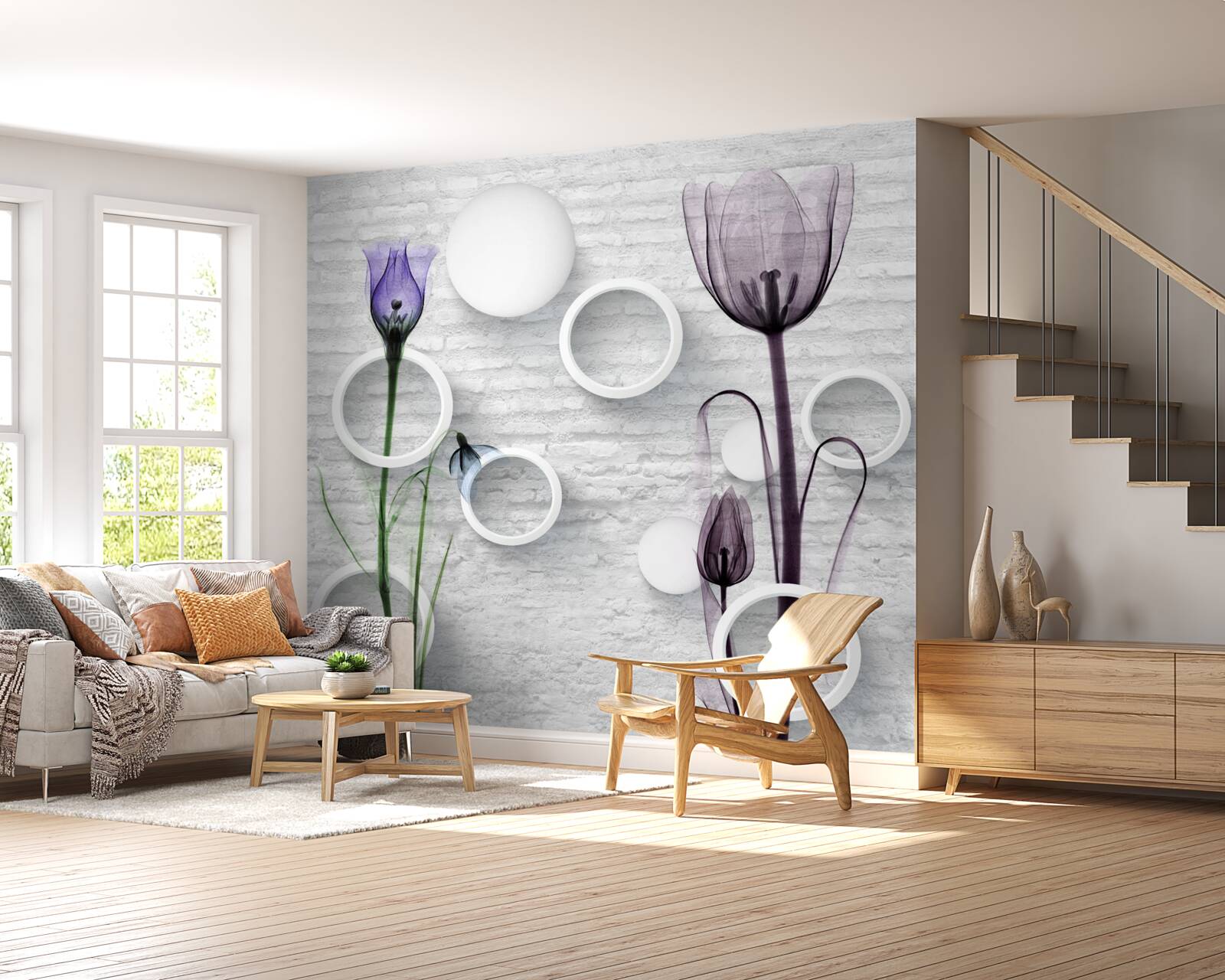 Fotobehang verfijnde knoppen op takken en strak gedraaide cirkels