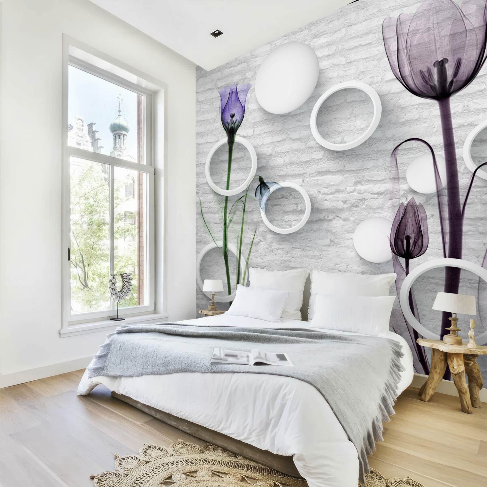 Fotobehang verfijnde knoppen op takken en strak gedraaide cirkels