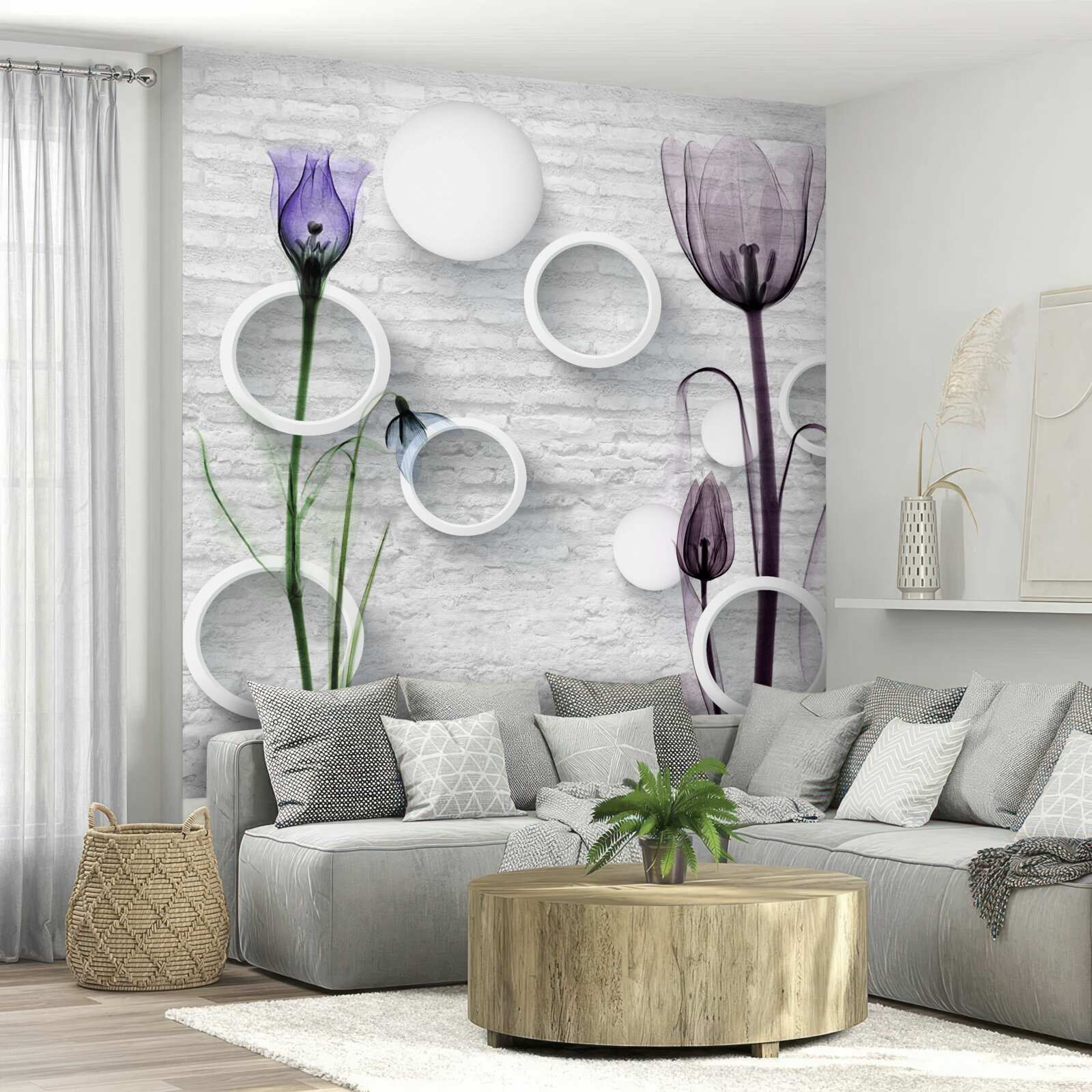 Fotobehang verfijnde knoppen op takken en strak gedraaide cirkels