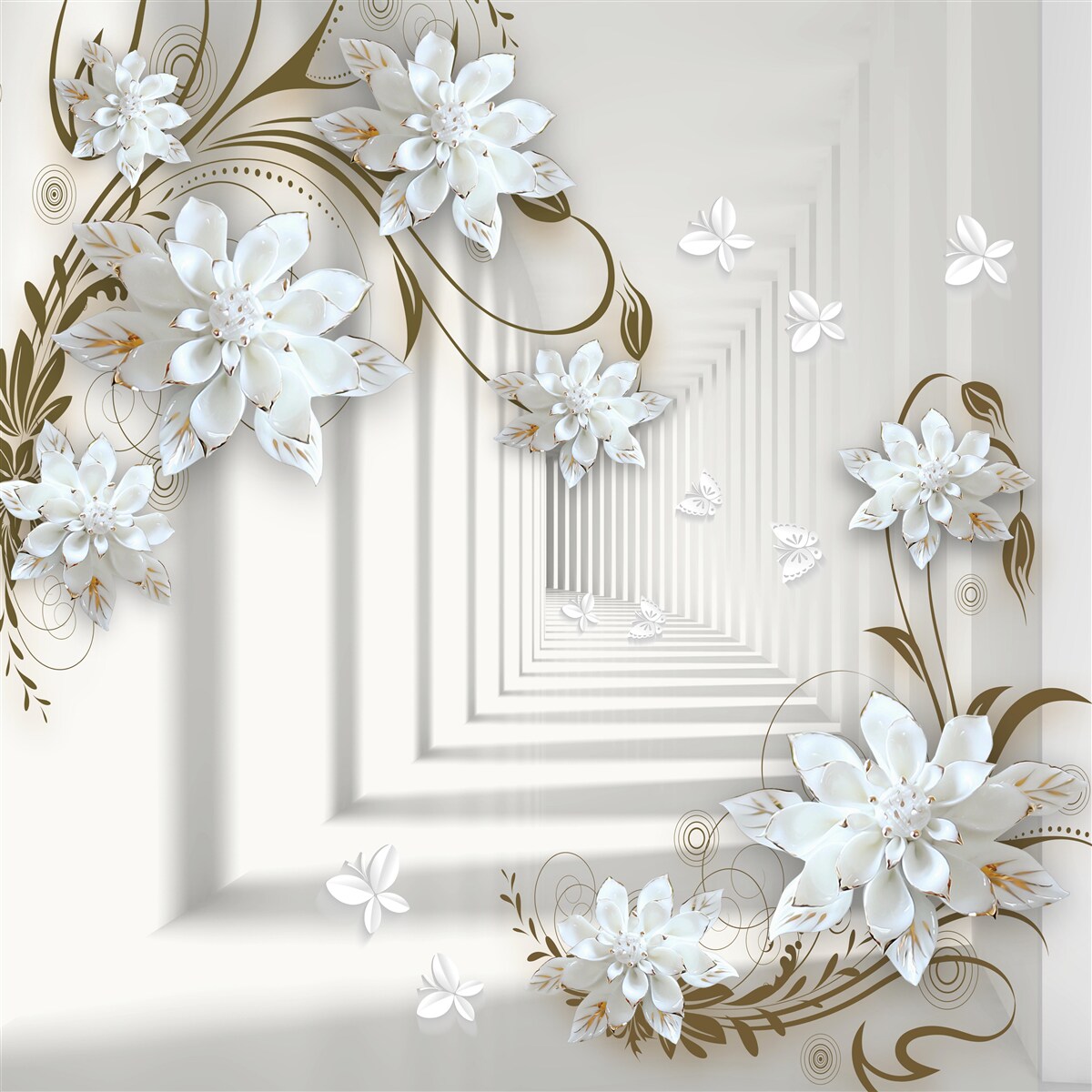 Fotobehang witte lotusbloemen en een tunnel die in de verte verdwijnt