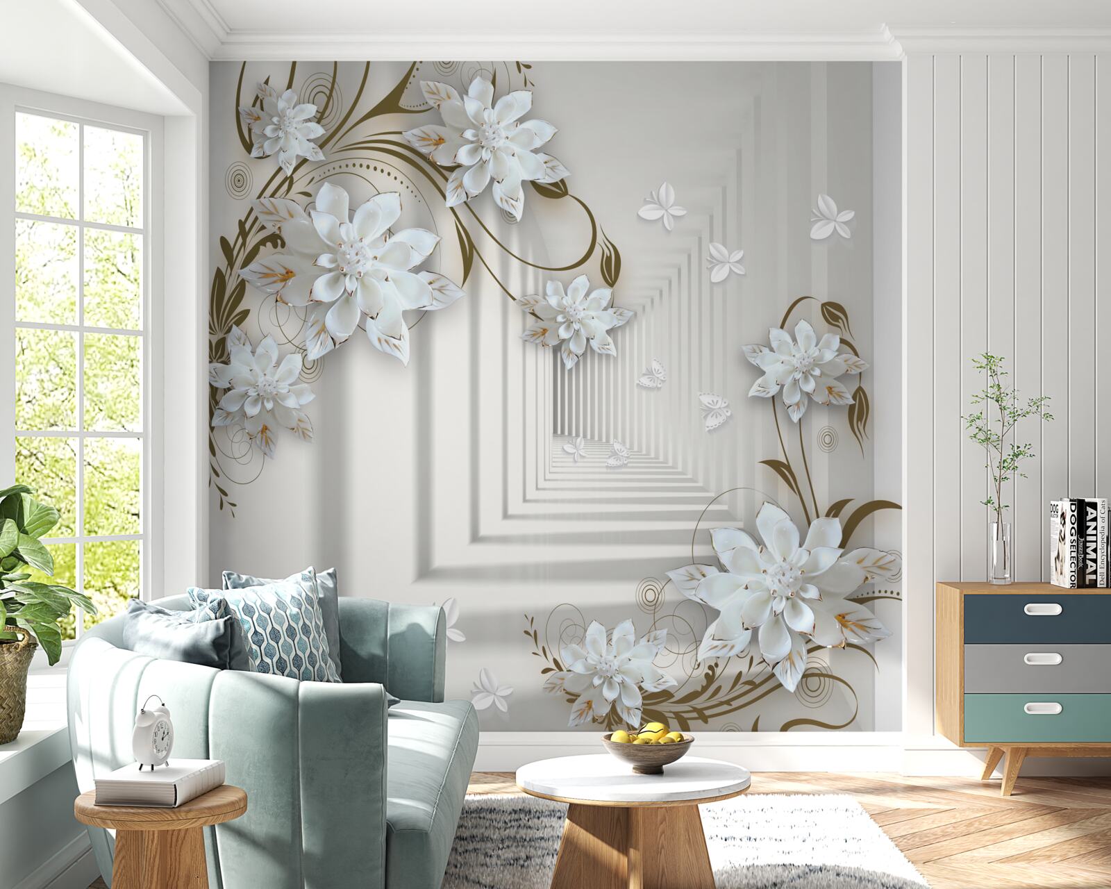 Fotobehang witte lotusbloemen en een tunnel die in de verte verdwijnt