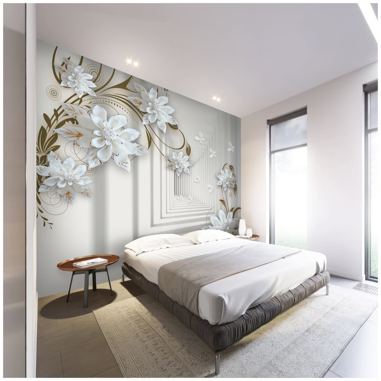 Fotobehang witte lotusbloemen en een tunnel die in de verte verdwijnt