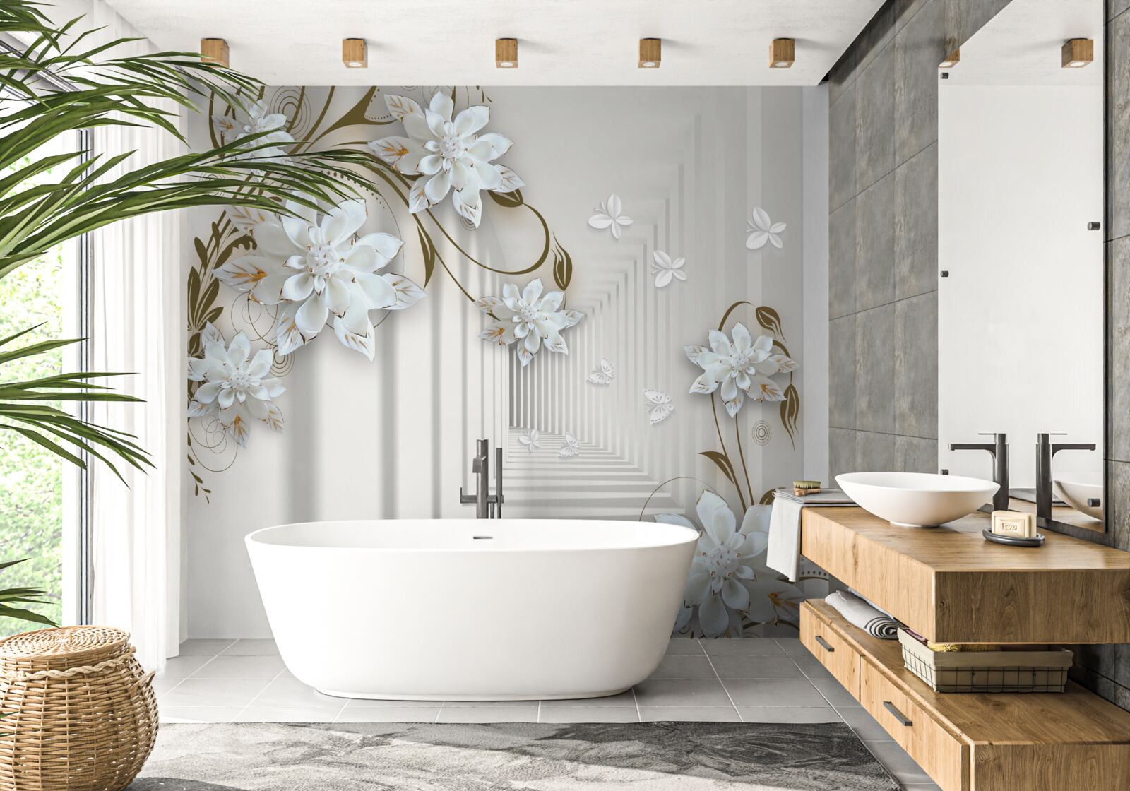 Fotobehang witte lotusbloemen en een tunnel die in de verte verdwijnt