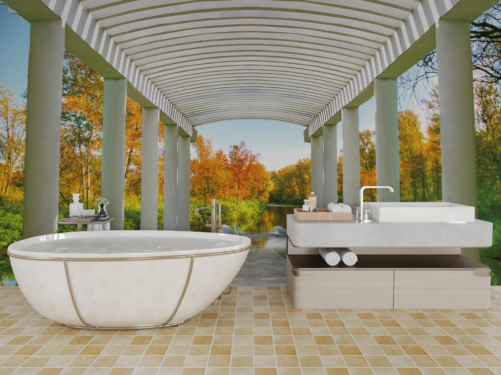 Fotobehang bos in herfstdecoratie op panoramische achtergrond