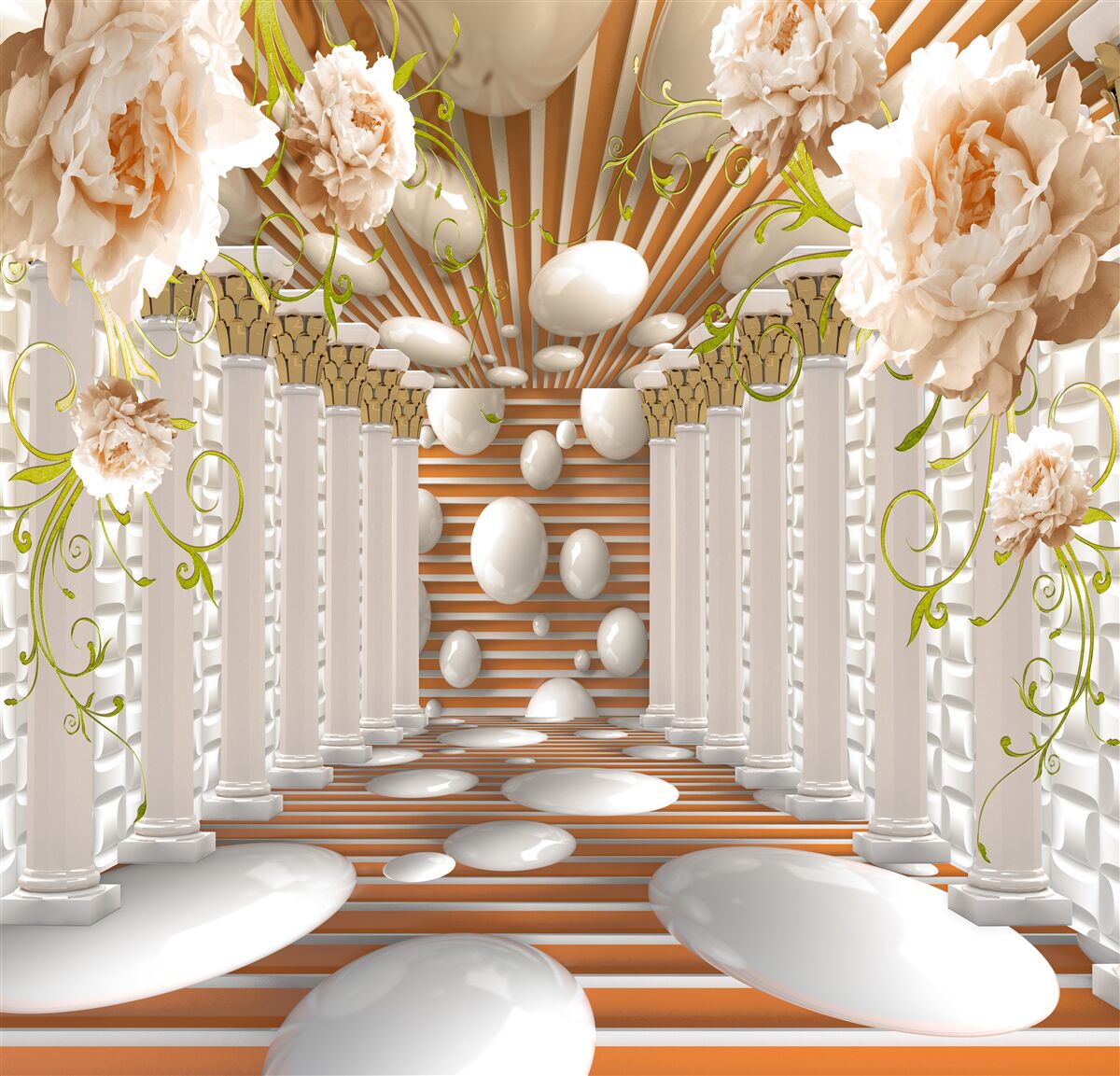 Fotobehang stenen bogen in de vorm van bloemen en figuren vormen een tunnel