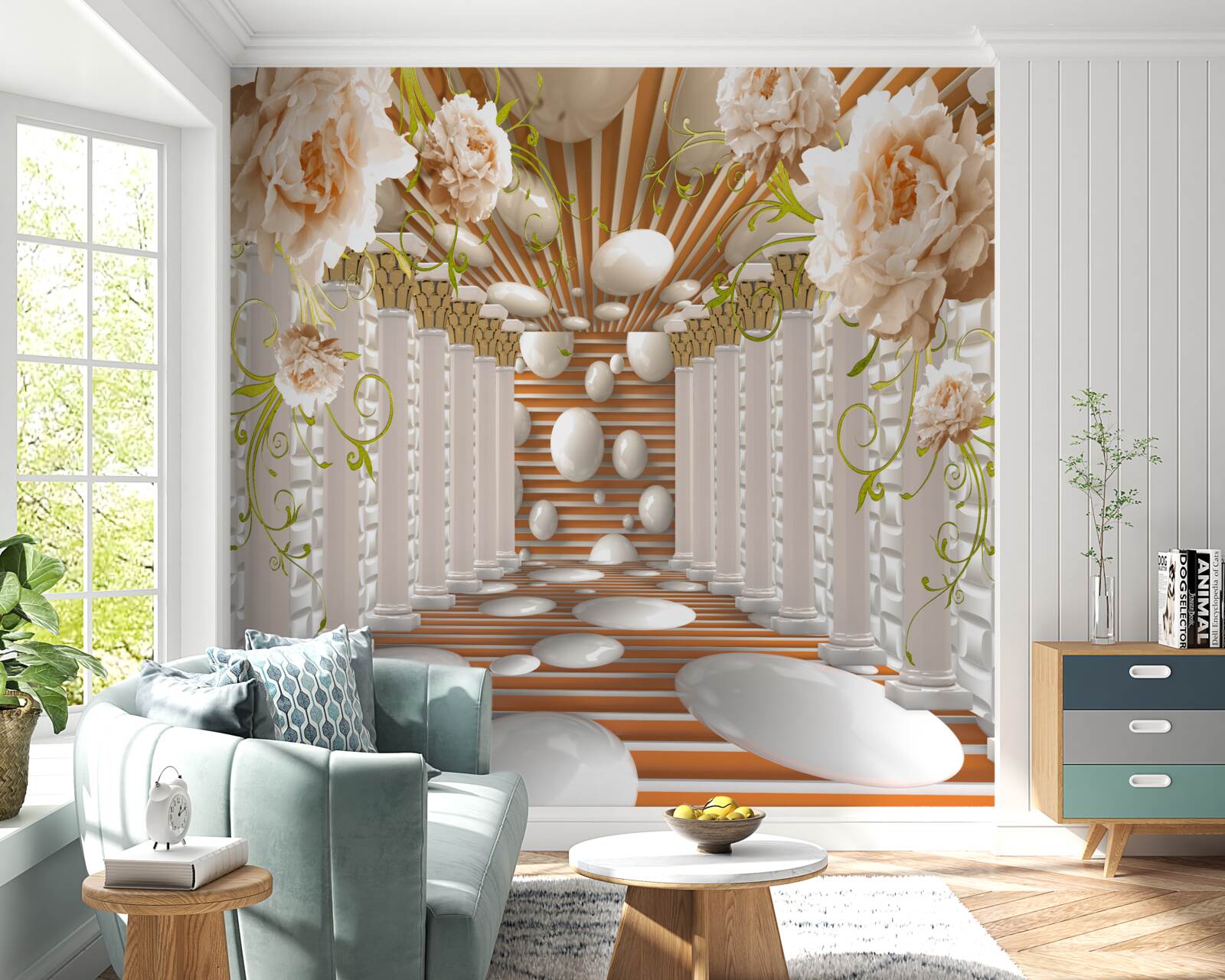 Fotobehang stenen bogen in de vorm van bloemen en figuren vormen een tunnel