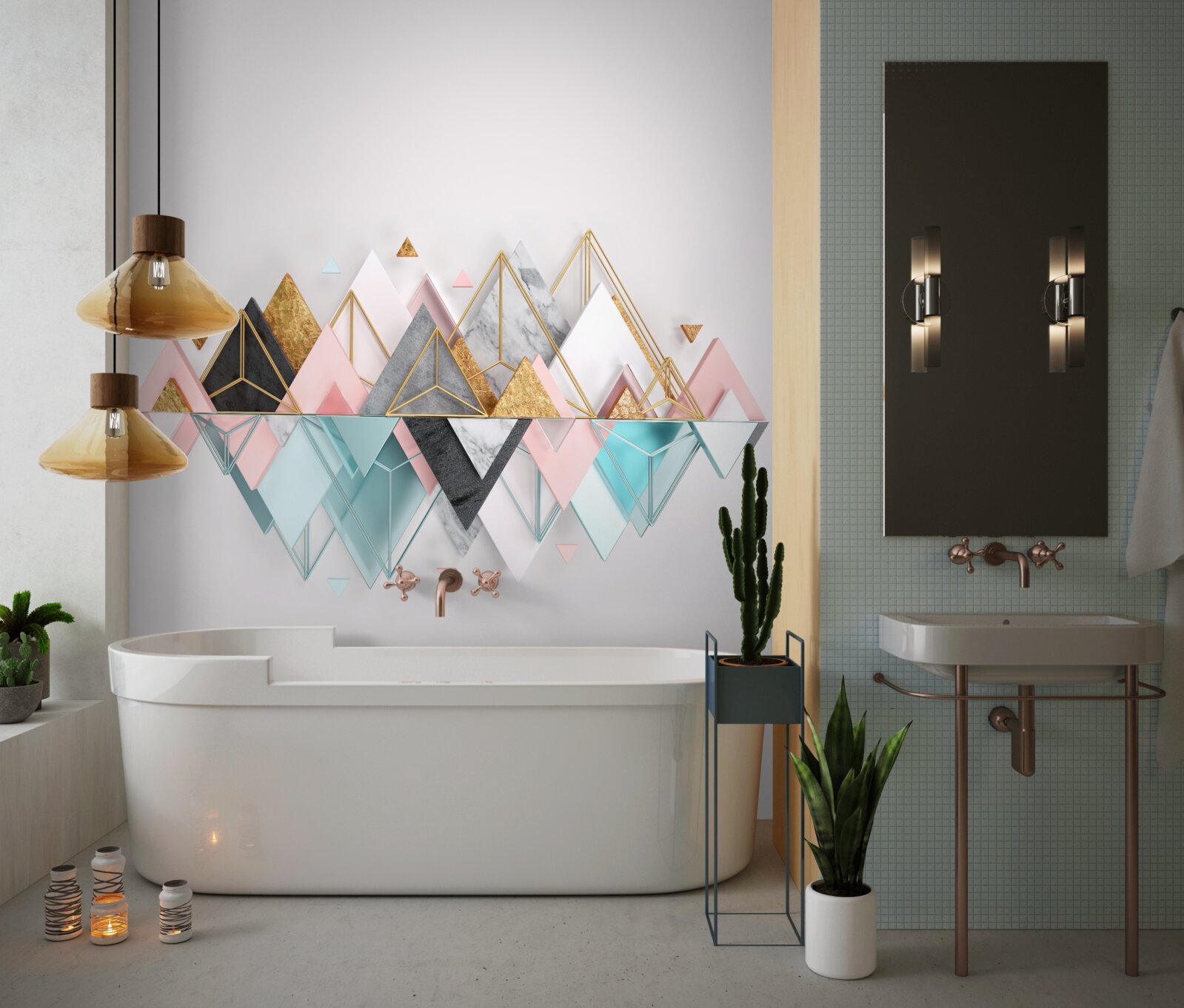 Fotobehang naaldbos, weergegeven als driehoeken