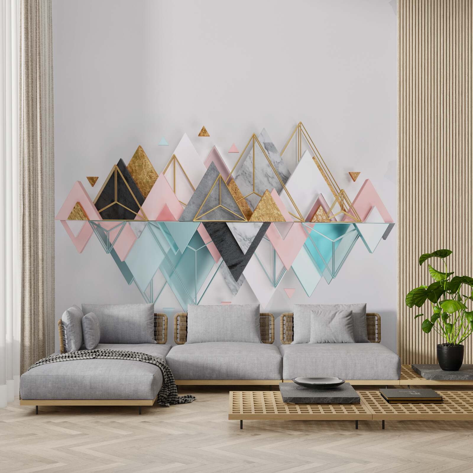 Fotobehang naaldbos, weergegeven als driehoeken