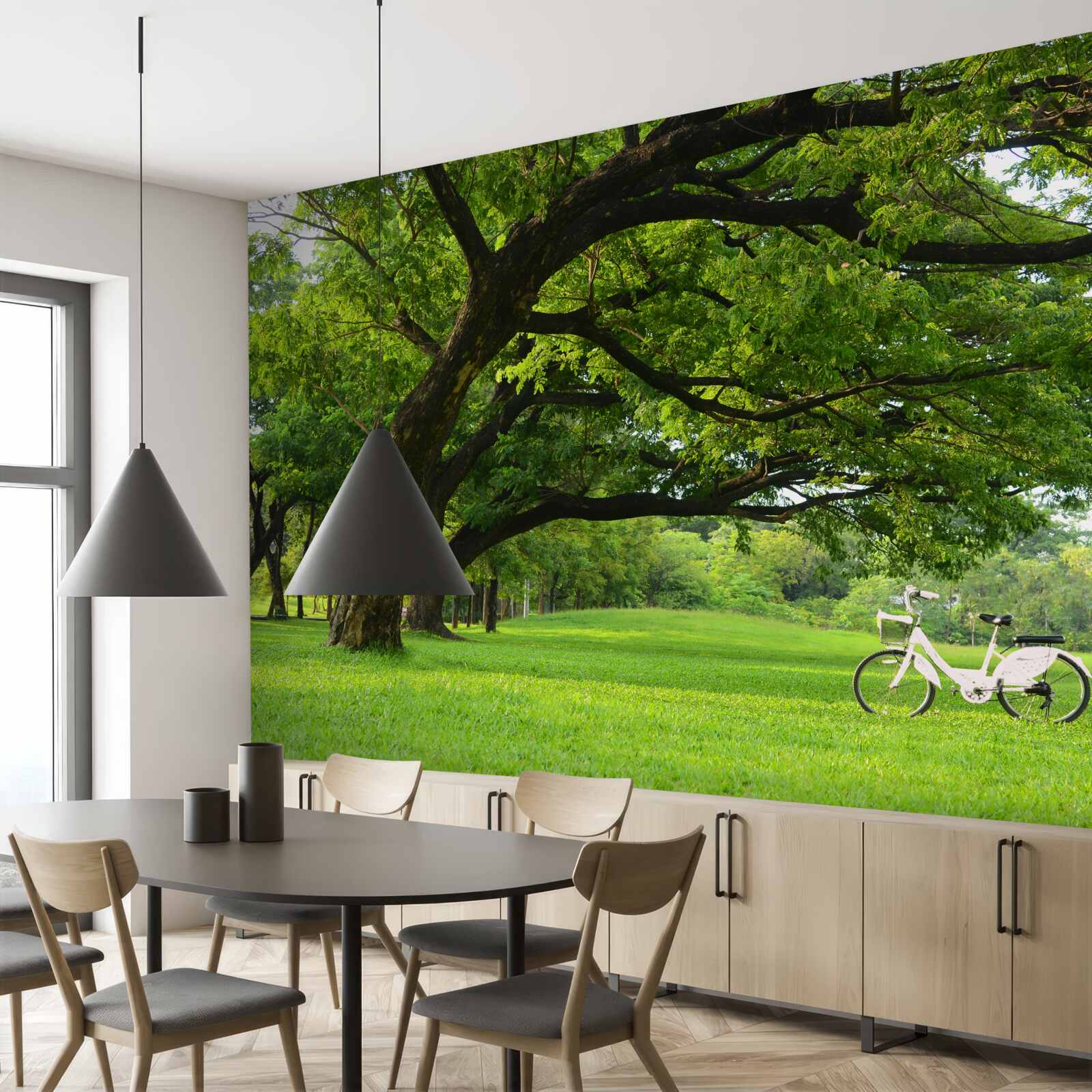 Fotobehang weide met groen gras en eeuwenoude bomen