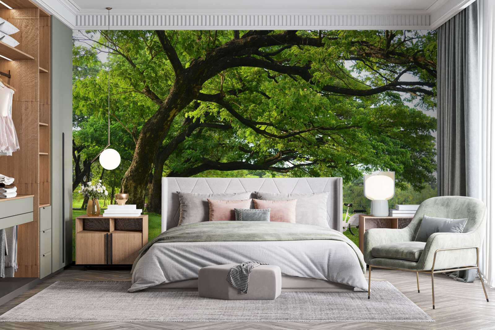 Fotobehang weide met groen gras en eeuwenoude bomen