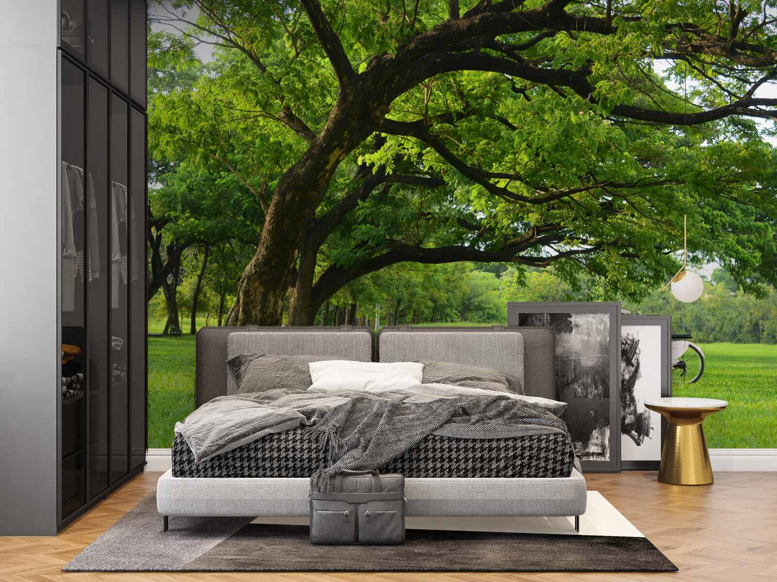 Fotobehang weide met groen gras en eeuwenoude bomen