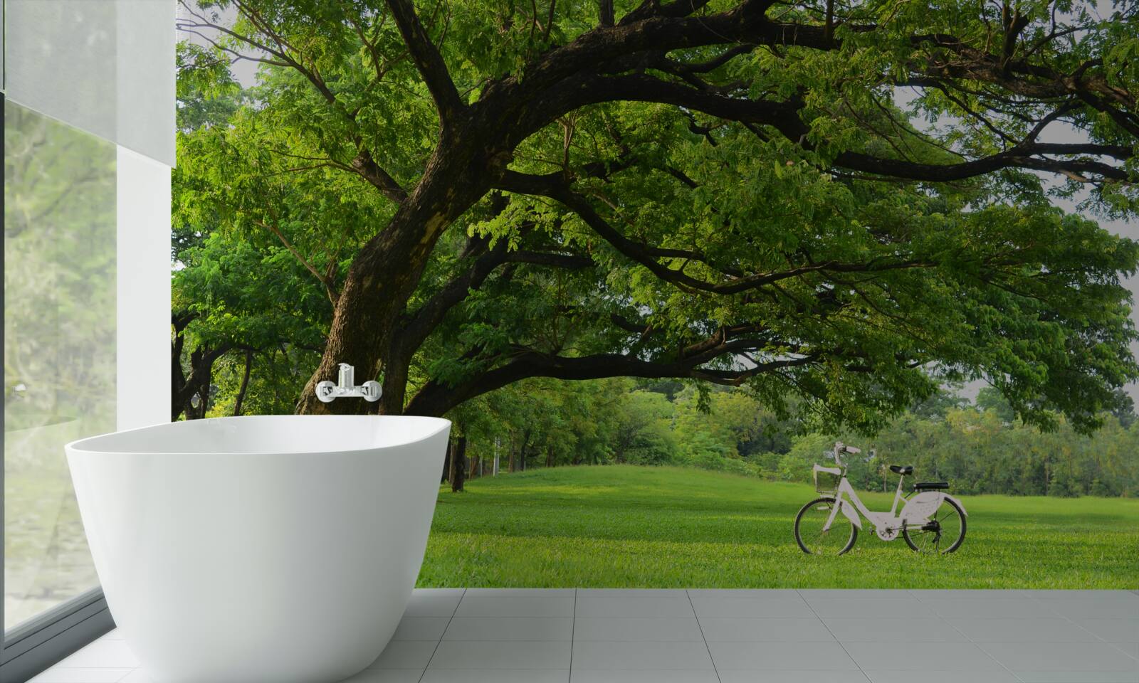 Fotobehang weide met groen gras en eeuwenoude bomen