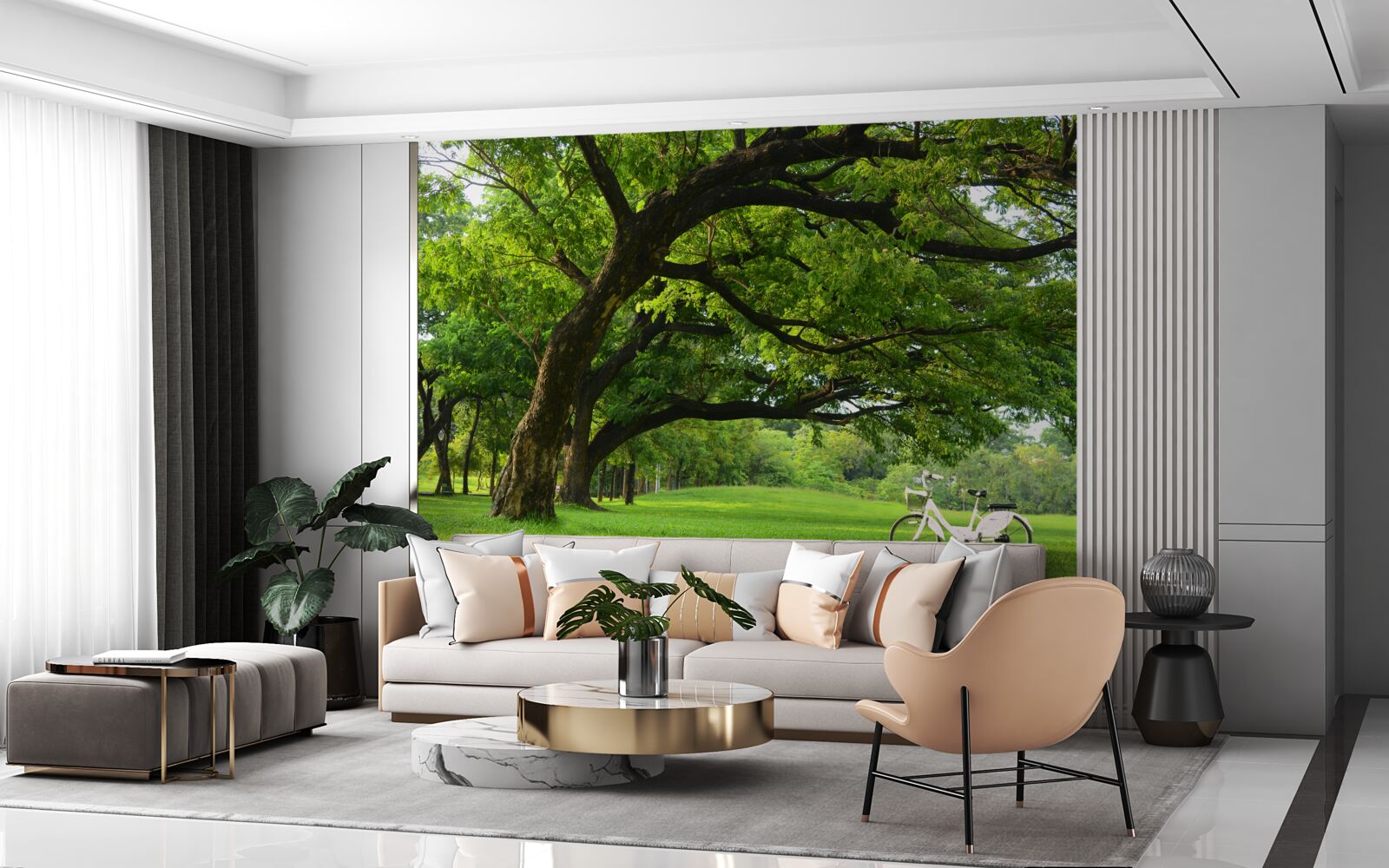 Fotobehang weide met groen gras en eeuwenoude bomen