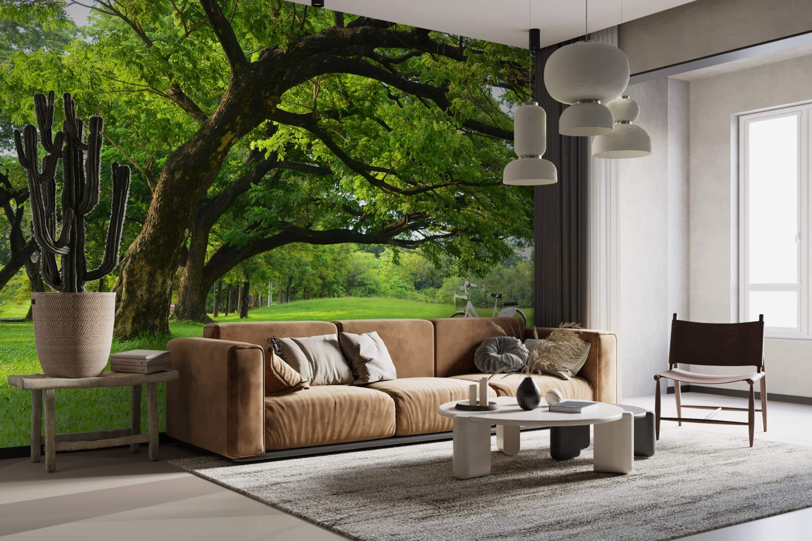 Fotobehang weide met groen gras en eeuwenoude bomen