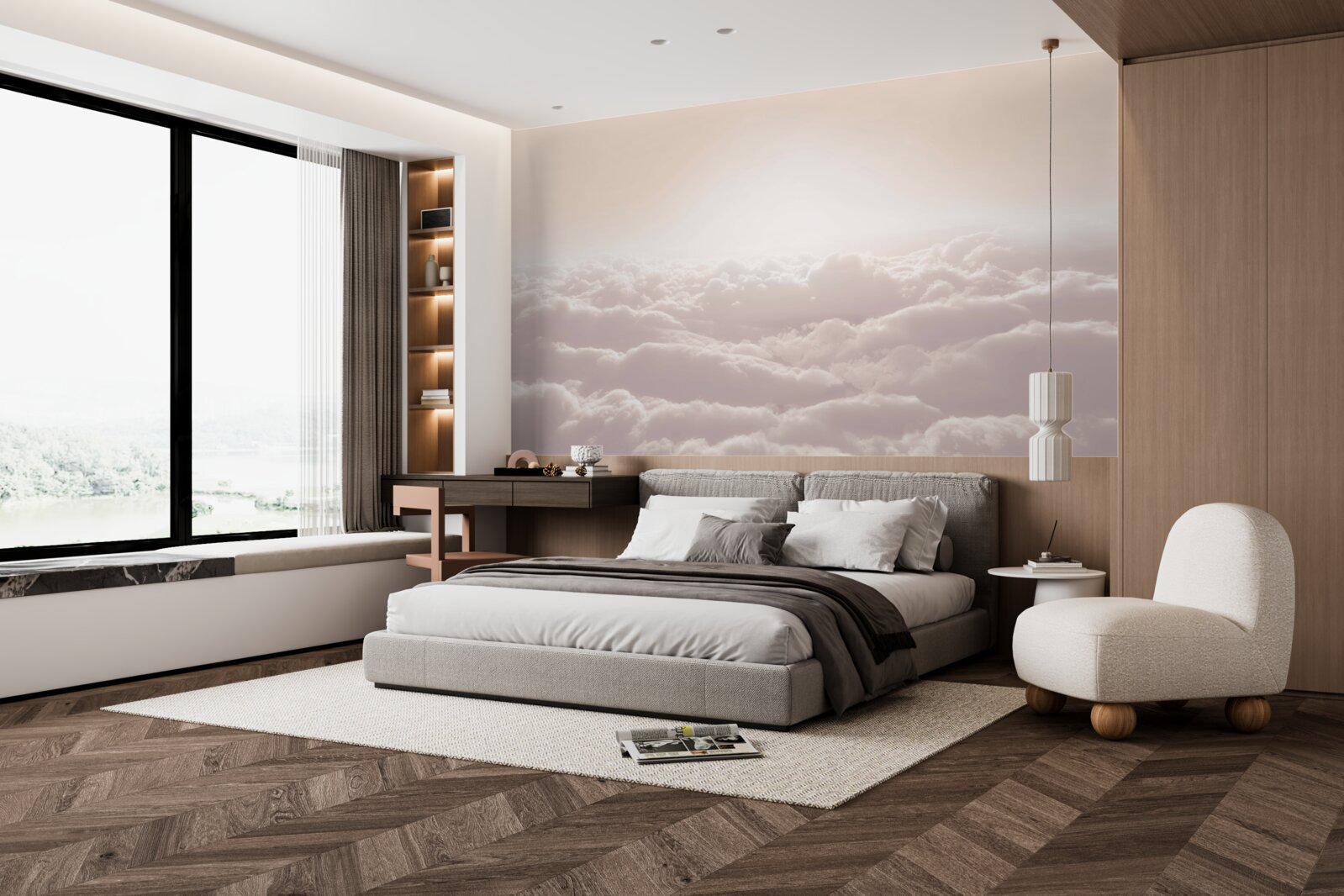 Fotobehang pluizige wolken en zonneschijn