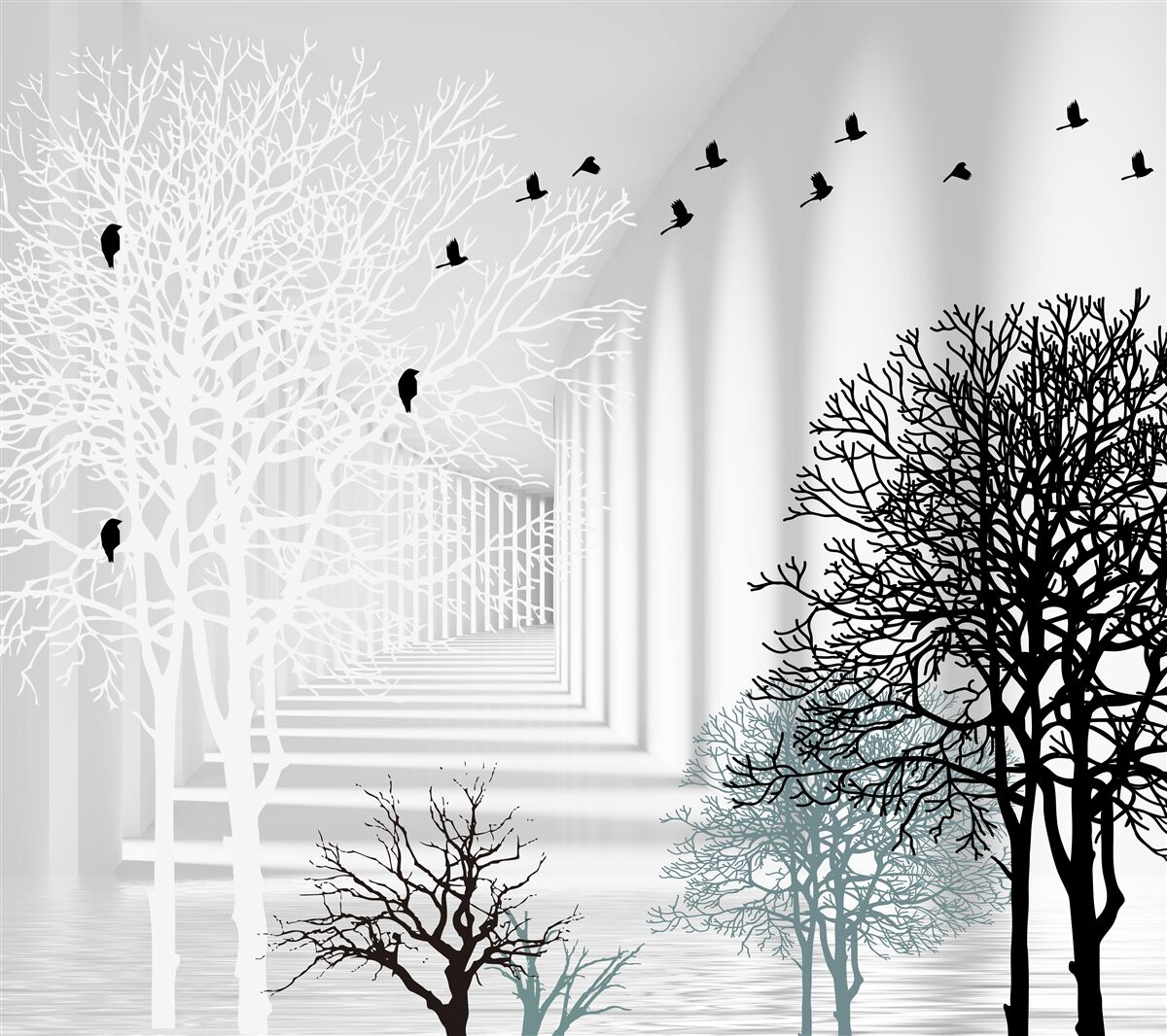 Fotobehang vogels vliegen hoger dan bomen