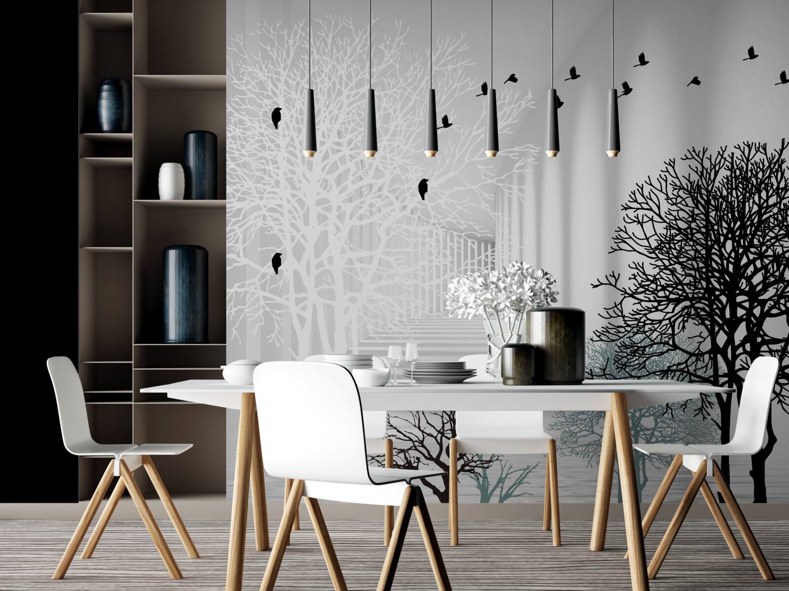 Fotobehang vogels vliegen hoger dan bomen