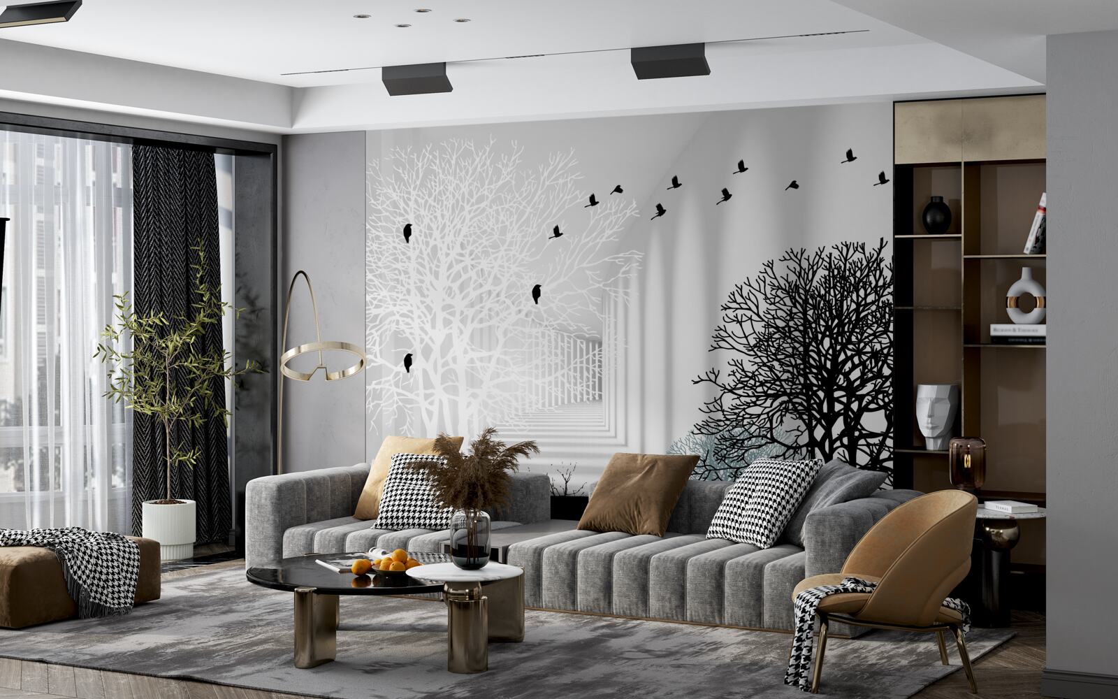 Fotobehang vogels vliegen hoger dan bomen