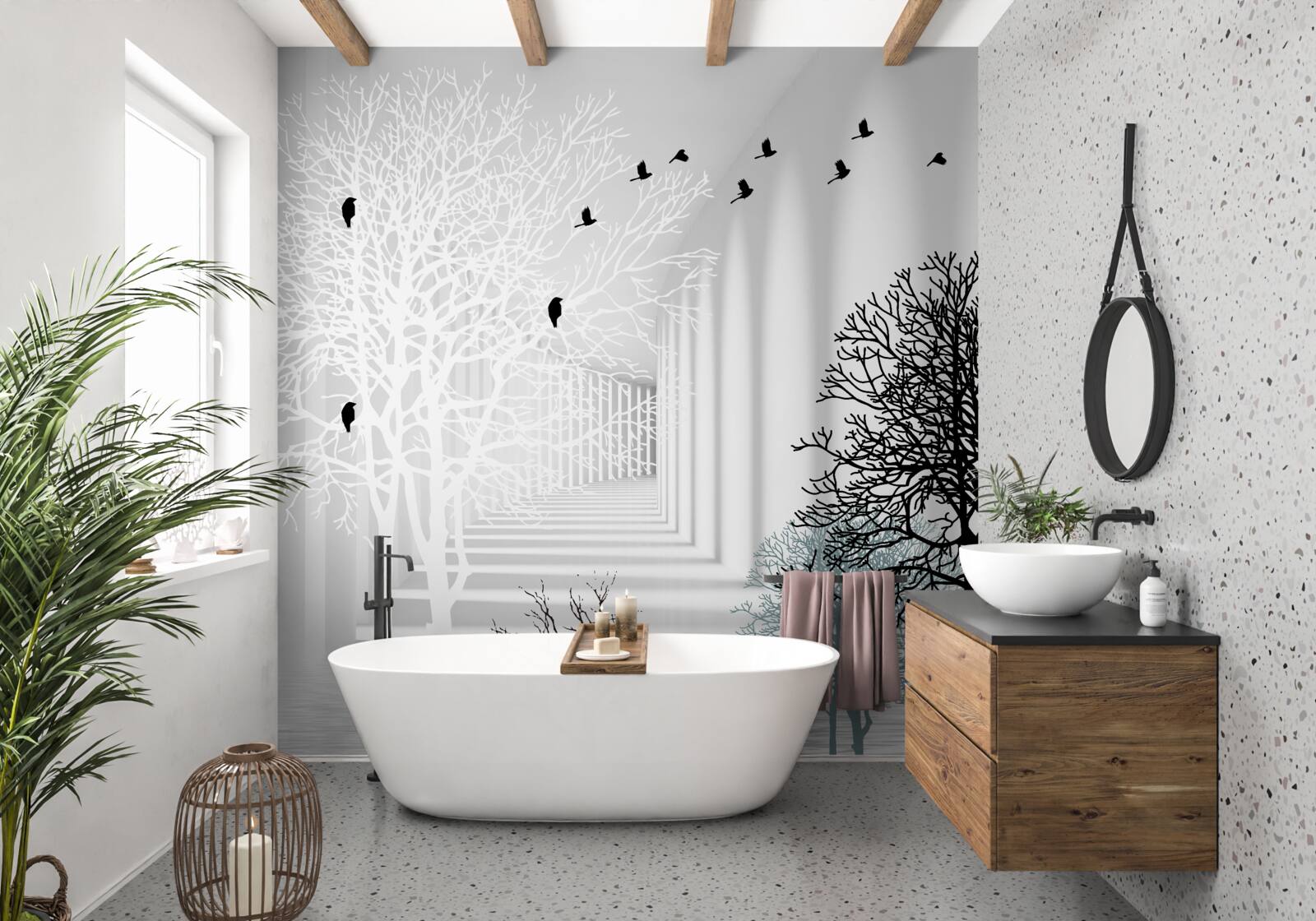 Fotobehang vogels vliegen hoger dan bomen