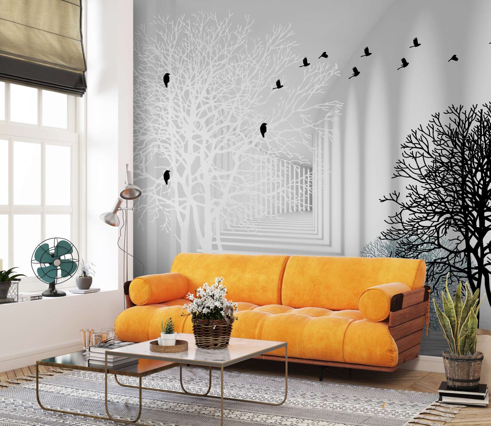 Fotobehang vogels vliegen hoger dan bomen